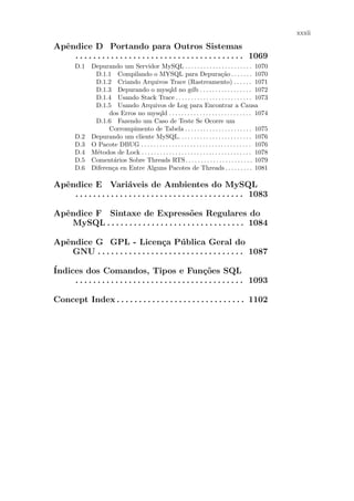 xxxii

Apˆndice D Portando para Outros Sistemas
  e
    . . . . . . . . . . . . . . . . . . . . . . . . . . . . . . . . . . . . . . 1069
        D.1 Depurando um Servidor MySQL . . . . . . . . . . . . . . . . . . . . . . 1070
             D.1.1 Compilando o MYSQL para Depura¸˜o . . . . . . . 1070         ca
             D.1.2 Criando Arquivos Trace (Rastreamento) . . . . . . 1071
             D.1.3 Depurando o mysqld no gdb . . . . . . . . . . . . . . . . . 1072
             D.1.4 Usando Stack Trace . . . . . . . . . . . . . . . . . . . . . . . . . 1073
             D.1.5 Usando Arquivos de Log para Encontrar a Causa
                  dos Erros no mysqld . . . . . . . . . . . . . . . . . . . . . . . . . . . 1074
             D.1.6 Fazendo um Caso de Teste Se Ocorre um
                  Corrompimento de Tabela . . . . . . . . . . . . . . . . . . . . . . 1075
        D.2 Depurando um cliente MySQL. . . . . . . . . . . . . . . . . . . . . . . . 1076
        D.3 O Pacote DBUG . . . . . . . . . . . . . . . . . . . . . . . . . . . . . . . . . . . . 1076
        D.4 M´todos de Lock . . . . . . . . . . . . . . . . . . . . . . . . . . . . . . . . . . . . 1078
              e
        D.5 Coment´rios Sobre Threads RTS. . . . . . . . . . . . . . . . . . . . . . 1079
                    a
        D.6 Diferen¸a en Entre Alguns Pacotes de Threads . . . . . . . . . 1081
                   c

Apˆndice E Vari´veis de Ambientes do MySQL
  e                        a
    . . . . . . . . . . . . . . . . . . . . . . . . . . . . . . . . . . . . . . 1083

Apˆndice F Sintaxe de Express˜es Regulares do
  e                                            o
    MySQL . . . . . . . . . . . . . . . . . . . . . . . . . . . . . . . 1084

Apˆndice G GPL - Licen¸a P´ blica Geral do
  e                                  c       u
    GNU . . . . . . . . . . . . . . . . . . . . . . . . . . . . . . . . . 1087

´
Indices dos Comandos, Tipos e Fun¸oes SQL                     c˜
     . . . . . . . . . . . . . . . . . . . . . . . . . . . . . . . . . . . . . . 1093

Concept Index . . . . . . . . . . . . . . . . . . . . . . . . . . . . . 1102
 
