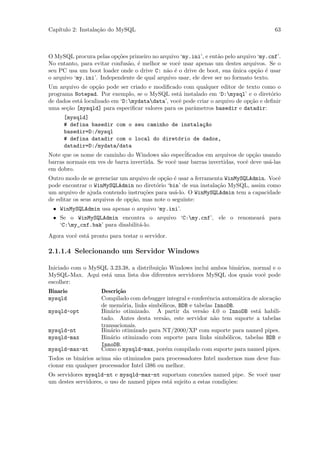 Cap´
   ıtulo 2: Instala¸˜o do MySQL
                   ca                                                                   63



O MySQL procura pelas op¸˜es primeiro no arquivo ‘my.ini’, e ent˜o pelo arquivo ‘my.cnf’.
                          co                                     a
No entanto, para evitar confus˜o, ´ melhor se vocˆ usar apenas um destes arquivos. Se o
                              a e                e
seu PC usa um boot loader onde o drive C: n˜o ´ o drive de boot, sua unica op¸˜o ´ usar
                                             a e                       ´       ca e
o arquivo ‘my.ini’. Independente de qual arquivo usar, ele deve ser no formato texto.
Um arquivo de op¸˜o pode ser criado e modiﬁcado com qualquer editor de texto como o
                   ca
programa Notepad. Por exemplo, se o MySQL est´ instalado em ‘D:mysql’ e o diret´rio
                                                 a                                   o
de dados est´ localizado em ‘D:mydatadata’, vocˆ pode criar o arquivo de op¸˜o e deﬁnir
            a                                    e                           ca
uma se¸˜o [mysqld] para especiﬁcar valores para os parˆmetros basedir e datadir:
      ca                                              a
      [mysqld]
      # defina basedir com o seu caminho de instala¸~o     ca
      basedir=D:/mysql
      # defina datadir com o local do diret´rio de dados,
                                                  o
      datadir=D:/mydata/data
Note que os nome de caminho do Windows s˜o espec´
                                            a       iﬁcados em arquivos de op¸˜o usando
                                                                                ca
barras normais em ves de barra invertida. Se vocˆ usar barras invertidas, vocˆ deve us´-las
                                                e                            e        a
em dobro.
Outro modo de se gerenciar um arquivo de op¸˜o ´ usar a ferramenta WinMySQLAdmin. Vocˆ
                                            ca e                                     e
pode encontrar o WinMySQLAdmin no diret´rio ‘bin’ de sua instala¸˜o MySQL, assim como
                                          o                     ca
um arquivo de ajuda contendo instru¸˜es para us´-lo. O WinMySQLAdmin tem a capacidade
                                     co          a
de editar os seus arquivos de op¸˜o, mas note o seguinte:
                                ca
 • WinMySQLAdmin usa apenas o arquivo ‘my.ini’.
 • Se o WinMySQLAdmin encontra o arquivo ‘C:my.cnf’, ele o renomear´ para
                                                                    a
   ‘C:my_cnf.bak’ para disabilit´-lo.
                                 a
Agora vocˆ est´ pronto para testar o servidor.
         e    a

2.1.1.4 Selecionando um Servidor Windows

Iniciado com o MySQL 3.23.38, a distribui¸˜o Windows inclui ambos bin´rios, normal e o
                                         ca                          a
MySQL-Max. Aqui est´ uma lista dos diferentes servidores MySQL dos quais vocˆ pode
                    a                                                          e
escolher:
Binario             Descri¸˜o
                          ca
mysqld              Compilado com debugger integral e conferˆncia autom´tica de aloca¸˜o
                                                             e          a            ca
                    de mem´ria, links simb´licos, BDB e tabelas InnoDB.
                            o             o
mysqld-opt          Bin´rio otimizado. A partir da vers˜o 4.0 o InnoDB est´ habili-
                       a                                   a                   a
                    tado. Antes desta vers˜o, este servidor n˜o tem suporte a tabelas
                                            a                   a
                    transacionais.
mysqld-nt           Bin´rio otimizado para NT/2000/XP com suporte para named pipes.
                       a
mysqld-max          Bin´rio otimizado com suporte para links simb´licos, tabelas BDB e
                       a                                            o
                    InnoDB.
mysqld-max-nt       Como o mysqld-max, por´m compilado com suporte para named pipes.
                                            e
Todos os bin´rios acima s˜o otimizados para processadores Intel modernos mas deve fun-
            a            a
cionar em qualquer processador Intel i386 ou melhor.
Os servidores mysqld-nt e mysqld-max-nt suportam conex˜es named pipe. Se vocˆ usar
                                                            o               e
um destes servidores, o uso de named pipes est´ sujeito a estas condi¸˜es:
                                              a                      co
 