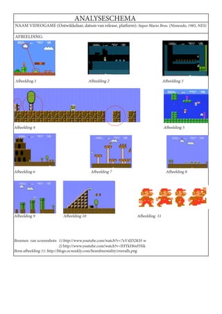 ANALYSESCHEMA
NAAM VIDEOGAME (Ontwikkelaar, datum van release, platform): Super Mario Bros. (Nintendo, 1985, NES)

AFBEELDING:




Afbeelding 1                             Afbeelding 2                             Afbeelding 3




Afbeelding 4                                                                          Afbeelding 5




Afbeelding 6                              Afbeelding 7			                              Afbeelding 8




Afbeelding 9	              Afbeelding 10 			                        Afbeelding 11		
		



Bronnen van screenshots: 1) http://www.youtube.com/watch?v=7xV4JD2KH-w
                            2) http://www.youtube.com/watch?v=IHTkH6nFHik
Bron afbeelding 11: http://blogs.ocweekly.com/heardmentality/overalls.png
 