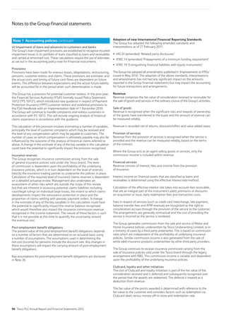 Notes to the Group financial statements
Note 1 Accounting policies continued
iii) Impairment of loans and advances to customers and banks
The Group’s loan impairment provisions are established to recognise incurred
impairment losses in its portfolio of loans classified as loans and receivables
and carried at amortised cost. These calculations require the use of estimates
as set out in the accounting policy note for Financial instruments.
Provisions
Provisions have been made for onerous leases, dilapidations, restructuring,
pensions, customer redress and claims. These provisions are estimates and
the actual costs and timing of future cash flows are dependent on future
events. The difference between expectations and the actual future liability
will be accounted for in the period when such determination is made.
The Group has a provision for potential customer redress. In the prior year,
the Financial Services Authority (‘FSA’) formally issued Policy Statement
10/12 (‘PS 10/12’), which introduced new guidance in respect of Payment
Protection Insurance (‘PPI’) customer redress and evidential provisions to
the FSA Handbook with an implementation date of 1 December 2010.
The Group will continue to handle complaints and redress customers in
accordance with PS 10/12. This will include ongoing analysis of historical
claims experience in accordance with the guidance.
The calculation of this provision involves estimating a number of variables,
principally the level of customer complaints which may be received and
the level of any compensation which may be payable to customers. The
number of cases on which compensation is ultimately payable may also be
influenced by the outcome of the analysis of historical claims referred to
above. A change in the estimate of any of the key variable in this calculation
could have the potential to significantly impact the provision recognised.
Insurance reserves
The Group recognises insurance commission arising from the sale
of general insurance policies sold under the Tesco brand. The level
of commission is dependent upon the profitability of the underlying
insurance policies, which is in turn dependent on the level of reserves
held by the insurance trading partner to underwrite the policies in place.
Calculation of the required level of insurance claims reserves is dependent
on a detailed actuarial review. Management also undertakes an
assessment of other risks which are outside the scope of this review
but that are inherent in assessing potential claims liabilities including
court/legal rulings on individual large losses, the extent to which claims
developments impact the reinsurance protection in place and the
proportion of claims settling with periodic payment orders. A change
in the estimate of any of the key variables in this calculation could have
the potential to significantly impact the reserve balance recognised
which would therefore also impact the insurance commission revenue
recognised in the income statement. The nature of these factors is such
that it is not possible at this time to quantify the uncertainty around
the eventual cost.
Post-employment benefit obligations
The present value of the post-employment benefit obligations depends
on a number of factors that are determined on an actuarial basis using
a number of assumptions. The assumptions used in determining the
net cost (income) for pensions include the discount rate. Any changes in
these assumptions will impact the carrying amount of post-employment
benefit obligations.
Key assumptions for post-employment benefit obligations are disclosed
in Note 26.
Adoption of new International Financial Reporting Standards
The Group has adopted the following amended standards and
interpretations as of 27 February 2011.
IAS 24 (amended) ‘Related party disclosures’
IFRIC 14 (amended) ‘Prepayments of a minimum funding requirement’
IFRIC 19 ‘Extinguishing financial liabilities with equity instruments’
The Group has adopted all amendments published in ‘Improvements to IFRSs’
issued in May 2010. The adoption of the above standards, interpretations
and amendments has not had any significant impact on the amounts
reported in the Group financial statements but may impact the accounting
for future transactions and arrangements.
Revenue
Revenue comprises the fair value of consideration received or receivable for
the sale of goods and services in the ordinary course of the Group’s activities.
Sale of goods
Revenue is recognised when the significant risks and rewards of ownership
of the goods have transferred to the buyer and the amount of revenue can
be measured reliably.
Revenue is recorded net of returns, discounts/offers and value added taxes.
Provision of services
Revenue from the provision of services is recognised when the service is
provided and the revenue can be measured reliably, based on the terms
of the contract.
Where the Group acts as an agent selling goods or services, only the
commission income is included within revenue.
Financial services
Revenue consists of interest, fees and income from the provision
of insurance.
Interest income on financial assets that are classified as loans and
receivables is determined using the effective interest rate method.
Calculation of the effective interest rate takes into account fees receivable,
that are an integral part of the instrument’s yield, premiums or discounts
on acquisition or issue, early redemption fees and transaction costs.
Fees in respect of services (such as credit card interchange, late payment,
balance transfer fees and ATM revenue) are recognised as the right to
consideration accrues through the provision of the service to the customer.
The arrangements are generally contractual and the cost of providing the
service is incurred as the service is rendered.
The Group generates commission from the sale and service of Motor and
Home insurance policies underwritten by Tesco Underwriting Limited, or in
a minority of cases by a third party underwriter. This is based on commission
rates which are independent of the profitability of underlying insurance
policies. Similar commission income is also generated from the sale of
white label insurance products underwritten by other third party providers.
The Group continues to receive insurance commission arising from the
sale of insurance policies sold under the Tesco brand through the legacy
arrangement with RBS. This commission income is variable and dependent
upon the profitability of the underlying insurance policies.
Clubcard, loyalty and other initiatives
The cost of Clubcard and loyalty initiatives is part of the fair value of the
consideration received and is deferred and subsequently recognised over
the period that the awards are redeemed. The deferral is treated as a
deduction from revenue.
The fair value of the points awarded is determined with reference to the
fair value to the customer and considers factors such as redemption via
Clubcard deals versus money-off-in-store and redemption rate.
96 Tesco PLC Annual Report and Financial Statements 2012
 