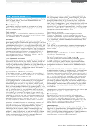 STRATEGIC REVIEW PERFORMANCE REVIEW GOVERNANCE FINANCIAL STATEMENTSOVERVIEW
Goodwill and fair value adjustments arising on the acquisition of a foreign
entity are treated as assets and liabilities of the foreign entity and
translated at the closing rate.
Financial instruments
Financial assets and financial liabilities are recognised on the Group
Balance Sheet when the Group becomes a party to the contractual
provisions of the instrument.
Trade receivables
Trade receivables are non interest-bearing and are recognised initially at
fair value, and subsequently at amortised cost using the effective interest
rate method, less provision for impairment.
Investments
Investments are recognised at trade date. Investments are classified as
either held for trading or available-for-sale, and are recognised at fair value.
For available-for-sale investments, gains and losses arising from changes in
fair value are recognised directly in the other comprehensive income, until
the security is disposed of or is determined to be impaired, at which time
the cumulative gain or loss previously recognised in other comprehensive
income is included in the Group Income Statement for the period. Interest
calculated using the effective interest rate method is recognised in the
Group Income Statement. Dividends on an available-for-sale equity
instrument are recognised in the Group Income Statement when the
entity’s right to receive payment is established.
Loans and advances to customers
Loans and advances to customers are not classified as held for trading nor
designated as fair value through profit and loss. Loans and advances are
initially recognised at fair value plus directly related transaction costs.
Subsequent to initial recognition, these assets are carried at amortised cost
using the effective interest method less any impairment losses. Income
from these financial assets is calculated on an effective yield basis and is
recognised in the Group Income Statement.
Impairment of loans and advances to customers
At each balance sheet date the Group reviews the carrying amounts of
its loans and advances to determine whether there is any indication that
those assets have suffered an impairment loss.
If there is objective evidence that an impairment loss on a financial asset
or group of financial assets classified as loans and advances has been
incurred, the Group measures the amount of the loss as the difference
between the carrying amount of the asset or group of assets and the
present value of estimated future cash flows from the asset or group of
assets discounted at the effective interest rate of the instrument at initial
recognition. Impairment losses are assessed individually for financial assets
that are individually significant and collectively for assets that are not
individually significant. In making collective assessments of impairment,
financial assets are grouped into portfolios on the basis of similar risk
characteristics. Future cash flows from these portfolios are estimated on
the basis of the contractual cash flows and historical loss experience for
assets with similar credit risk characteristics. Historical loss experience is
adjusted, on the basis of current observable data, to reflect the effects
of current conditions not affecting the period of historical experience.
Impairment losses are recognised in the Group Income Statement and
the carrying amount of the financial asset or group of financial assets
is reduced by establishing an allowance for impairment losses. If in
a subsequent period the amount of the impairment loss reduces and
the reduction can be ascribed to an event after the impairment was
recognised, the previously recognised loss is reversed by adjusting the
allowance. Once an impairment loss has been recognised on a financial
asset or group of financial assets, interest income is recognised on the
carrying amount using the rate of interest at which estimated future
cash flows were discounted in measuring impairment.
Loan impairment provisions are established on a portfolio basis taking
into account the level of arrears, security, past loss experience, credit scores
and defaults based on portfolio trends. The most significant factors in
establishing these provisions are the expected loss rates. The portfolios
include credit card receivables and other personal advances. The future
credit quality of these portfolios is subject to uncertainties that could cause
actual credit losses to differ materially from reported loan impairment
provisions. These uncertainties include the economic environment, notably
interest rates and their effect on customer spending, the unemployment
level, payment behaviour and bankruptcy trends.
Interest-bearing borrowings
Interest-bearing bank loans and overdrafts are initially recorded at
fair value, net of attributable transaction costs. Subsequent to initial
recognition, interest-bearing borrowings are stated at amortised cost with
any difference between proceeds and redemption value being recognised
in the Group Income Statement over the period of the borrowings on an
effective interest basis.
Trade payables
Trade payables are non interest-bearing and are recognised initially at fair
value and subsequently measured at amortised cost using the effective
interest method.
Equity instruments
Equity instruments issued by the Group are recorded at the proceeds
received, net of direct issue costs.
Derivative financial instruments and hedge accounting
The Group uses derivative financial instruments to hedge its exposure
to foreign exchange, interest rate and commodity risks arising from
operating, financing and investing activities. The Group does not hold
or issue derivative financial instruments for trading purposes, however,
if derivatives do not qualify for hedge accounting they are accounted for
as such.
Derivative financial instruments are recognised and stated at fair value.
Where derivatives do not qualify for hedge accounting, any gains or losses
on remeasurement are immediately recognised in the Group Income
Statement. Where derivatives qualify for hedge accounting, recognition of
any resultant gain or loss depends on the nature of the hedge relationship
and the item being hedged. In order to qualify for hedge accounting, the
Group is required to document from inception the relationship between
the item being hedged and the hedging instrument. The Group is also
required to document and demonstrate an assessment of the relationship
between the hedged item and the hedging instrument, which shows that
the hedge will be highly effective on an ongoing basis. This effectiveness
testing is performed at each period end to ensure that the hedge remains
highly effective.
Derivative financial instruments with maturity dates of more than one year
from the balance sheet date are disclosed as non-current.
Fair value hedging
Derivative financial instruments are classified as fair value hedges
when they hedge the Group’s exposure to changes in the fair value of a
recognised asset or liability. Changes in the fair value of derivatives that
are designated and qualify as fair value hedges are recorded in the Group
Income Statement together with any changes in the fair value of the
hedged item that is attributable to the hedged risk.
Cash flow hedging
Derivative financial instruments are classified as cash flow hedges when
they hedge the Group’s exposure to variability in cash flows that are either
attributable to a particular risk associated with a recognised asset or
liability, or a highly probable forecasted transaction. The effective element
of any gain or loss from remeasuring the derivative instrument is
recognised directly in the other comprehensive income.
Note 1 Accounting policies continued
Tesco PLC Annual Report and Financial Statements 2012 99
 