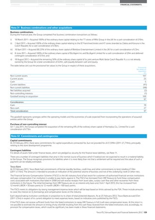 STRATEGIC REVIEW PERFORMANCE REVIEW GOVERNANCE FINANCIAL STATEMENTSOVERVIEW
Note 31 Business combinations and other acquisitions
Business combinations
During the financial year, the Group completed five business combination transactions as follows:
i) 18 March 2011 – Acquired 100% of the ordinary share capital relating to the 77 stores of Mills Group in the UK for a cash consideration of £10m;
ii) 1 April 2011 – Acquired 100% of the ordinary share capital relating to the 87 franchised kiosks and 47 stores branded as Zabka and Koruna in the
Czech Republic for a cash consideration of £36m;
iii) 18 April 2011 – Acquired 80.25% of the ordinary share capital of Blinkbox Entertainment Limited in the UK for a cash consideration of £3m;
iv) 8 June 2011 – Acquired 100% of the ordinary share capital of BzzAgent Inc and BzzAgent Limited for a cash consideration of £9m and deferred
contingent consideration of £15m; and
v) 18 August 2011 – Acquired the remaining 50% of the ordinary share capital of its joint venture Multi Veste Czech Republic 9, s.r.o not already
owned by the Group for a total consideration of £24m, split equally between cash and equity.
The table below sets out the provisional fair values to the Group in respect of these acquisitions.
Provisional
fair values on
acquisition
£m
Non-current assets 107
Current assets 25
Cash 5
Current liabilities (41)
Non-current liabilities (98)
Net liabilities acquired (2)
Non-controlling interests (1)
Goodwill arising on acquisition 100
97
Consideration:
Cash 70
Non-cash 27
Total consideration 97
The goodwill represents synergies within the operating models and the economies of scale expected from incorporating the operations of acquired
entities within the Group.
Purchase of non-controlling interest
On 1 July 2011, the Group completed the acquisition of the remaining 6% of the ordinary share capital of Homeplus Co., Limited for a cash
consideration of £73m.
Note 32 Commitments and contingencies
Capital commitments
At 25 February 2012, there were commitments for capital expenditure contracted for, but not provided for of £1,599m (2011: £1,719m), principally
relating to the store development programme.
Contingent liabilities
For details of assets held under finance leases, which are pledged as security for the finance lease liabilities, see Note 11.
There are a number of contingent liabilities that arise in the normal course of business which if realised are not expected to result in a material liability
to the Group. The Group recognises provisions for liabilities when it is more likely than not that a settlement will be required and the value of such a
payment can be reliably estimated.
Tesco Bank
At 25 February 2012, Tesco Bank had commitments of formal standby facilities, credit lines and other commitments to lend, totalling £7.4bn
(2011: £7.1bn). The amount is intended to provide an indication of the potential volume of business and not of the underlying credit or other risks.
The Financial Services Compensation Scheme (‘FSCS’) is the UK statutory fund of last resort for customers of authorised financial services institutions
and pays compensation if an institution is unable to pay claims against it. The FSCS has borrowed from HM Treasury to fund these compensation
costs associated with institutions that failed in 2008 and will receive receipts from asset sales, surplus cash flow and other recoveries from these
institutions in the future. The initial borrowings from HM Treasury are on an interest-only basis and, from 1 April 2012, this has increased from
12 month LIBOR + 30 basis points to 12 month LIBOR + 100 basis points.
The FSCS meets its obligations by raising management expense levies which will be kept based on limits advised by the FSA. These include amounts
to cover the interest on its borrowings and compensation levies on the industry.
Each deposit-taking institution contributes in proportion to its share of total protected deposits. As at 25 February 2012, Tesco Bank accrued £5m
(2011: £3m) in respect of its current obligation to meet expenses levies, based on indicative costs published by the FSCS.
If the FSCS does not receive sufficient funds from the failed institutions to repay HM Treasury in full it will raise compensation levies. At this time it is
not possible to estimate the amount or timing of any shortfall resulting from the cash flows received from the failed institutions and, accordingly, no
provision for compensation levies, which could be significant, has been made in these financial statements.
Tesco PLC Annual Report and Financial Statements 2012 139
 