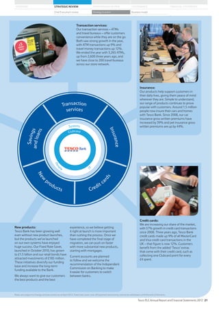 Insurance:
Our products help support customers in
their daily lives, giving them peace of mind
wherever they are. Simple to understand,
our range of products continues to prove
popular with customers. Around 1.5 million
people now insure their cars and homes
with Tesco Bank. Since 2008, our car
insurance gross written premiums have
increased by 39% and pet insurance gross
written premiums are up by 44%.
Transaction services:
Our transaction services – ATMs
and travel bureaux – offer customers
convenience while they are on the go.
Both saw strong growth in the year,
with ATM transactions up 9% and
travel money transactions up 12%.
We ended the year with 3,265 ATMs,
up from 2,600 three years ago, and
we have close to 200 travel bureaux
across our store network.
Credit cards:
We are increasing our share of the market,
with 57% growth in credit card transactions
since 2008. Three years ago, Tesco Bank
credit cards made up 9% of all MasterCard
and Visa credit card transactions in the
UK – that figure is now 12%. Customers
benefit from the added ‘Tesco’ extras
that come with their credit card, such as
collecting one Clubcard point for every
£4 spent.
Rates are subject to change and are correct as at April 2012. Fixed rate saver: one-off payment and money cannot be withdrawn until the end of the term.
New products:
Tesco Bank has been growing well
even without new product launches,
but the products we’ve launched
on our own systems have enjoyed
huge success. Our Fixed Rate Saver,
launched in October 2010, has grown
to £1.5 billion and our retail bonds have
attracted investments of £185 million.
These initiatives diversify our funding
base and increase the long-term
funding available to the Bank.
We always want to give our customers
the best products and the best
experience, so we believe getting
it right at launch is more important
than rushing the process. Once we
have completed the final stage of
migration, we can push on faster
with more substantial new products,
starting with mortgages.
Current accounts are planned
to follow and we welcome the
recommendation of the Independent
Commission on Banking to make
it easier for customers to switch
between banks.
New
products Credit ca
rds
Systems
Clubcard
Peo
ple I
T
andloans
services
Savings
Transaction
Insurance
Tesco PLC Annual Report and Financial Statements 2012 21
STRATEGIC REVIEW PERFORMANCE REVIEW GOVERNANCE FINANCIAL STATEMENTSOVERVIEW
Chief Executive’s review Strategy in action Business model
 