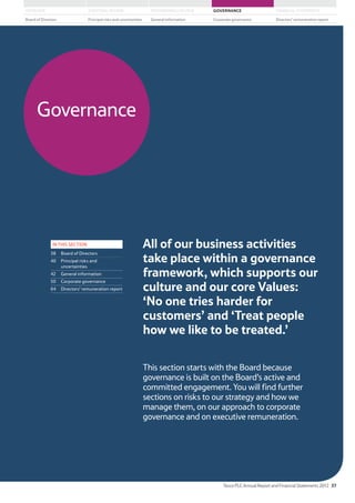 Governance
All of our business activities
take place within a governance
framework, which supports our
culture and our core Values:
‘No one tries harder for
customers’ and ‘Treat people
how we like to be treated.’
This section starts with the Board because
governance is built on the Board’s active and
committed engagement. You will find further
sections on risks to our strategy and how we
manage them, on our approach to corporate
governance and on executive remuneration.
IN THIS SECTION
38 Board of Directors
40 Principal risks and
uncertainties
42 General information
50 Corporate governance
64 Directors’ remuneration report
Tesco PLC Annual Report and Financial Statements 2012 37
STRATEGIC REVIEW PERFORMANCE REVIEW GOVERNANCE FINANCIAL STATEMENTSOVERVIEW
General information Directors’ remuneration reportPrincipal risks and uncertainties Corporate governanceBoard of Directors
 