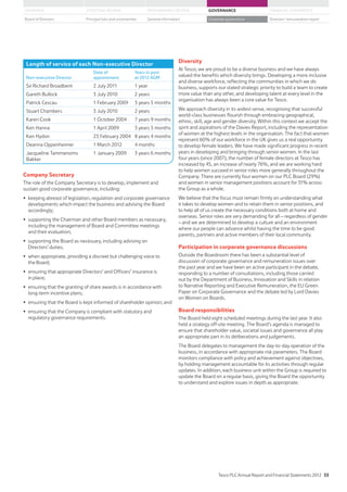Length of service of each Non-executive Director
Non-executive Director
Date of
appointment
Years in post
at 2012 AGM
Sir Richard Broadbent 2 July 2011 1 year
Gareth Bullock 3 July 2010 2 years
Patrick Cescau 1 February 2009 3 years 5 months
Stuart Chambers 3 July 2010 2 years
Karen Cook 1 October 2004 7 years 9 months
Ken Hanna 1 April 2009 3 years 3 months
Ken Hydon 23 February 2004 8 years 4 months
Deanna Oppenheimer 1 March 2012 4 months
Jacqueline Tammenoms
Bakker
1 January 2009 3 years 6 months
Company Secretary
The role of the Company Secretary is to develop, implement and
sustain good corporate governance, including:
keeping abreast of legislation, regulation and corporate governance
developments which impact the business and advising the Board
accordingly;
supporting the Chairman and other Board members as necessary,
including the management of Board and Committee meetings
and their evaluation;
supporting the Board as necessary, including advising on
Directors’ duties;
when appropriate, providing a discreet but challenging voice to
the Board;
ensuring that appropriate Directors’ and Officers’ insurance is
in place;
ensuring that the granting of share awards is in accordance with
long-term incentive plans;
ensuring that the Board is kept informed of shareholder opinion; and
ensuring that the Company is compliant with statutory and
regulatory governance requirements.
Diversity
At Tesco, we are proud to be a diverse business and we have always
valued the benefits which diversity brings. Developing a more inclusive
and diverse workforce, reflecting the communities in which we do
business, supports our stated strategic priority to build a team to create
more value than any other, and developing talent at every level in the
organisation has always been a core value for Tesco.
We approach diversity in its widest sense, recognising that successful
world-class businesses flourish through embracing geographical,
ethnic, skill, age and gender diversity. Within this context we accept the
spirit and aspirations of the Davies Report, including the representation
of women at the highest levels in the organisation. The fact that women
represent 60% of our workforce in the UK gives us a real opportunity
to develop female leaders. We have made significant progress in recent
years in developing and bringing through senior women. In the last
four years (since 2007), the number of female directors at Tesco has
increased by 45, an increase of nearly 76%, and we are working hard
to help women succeed in senior roles more generally throughout the
Company. There are currently four women on our PLC Board (29%)
and women in senior management positions account for 31% across
the Group as a whole.
We believe that the focus must remain firmly on understanding what
it takes to develop women and to retain them in senior positions, and
to help all of us create the necessary conditions both at home and
overseas. Senior roles are very demanding for all – regardless of gender
– and we are determined to develop a culture and an environment
where our people can advance whilst having the time to be good
parents, partners and active members of their local community.
Participation in corporate governance discussions
Outside the Boardroom there has been a substantial level of
discussion of corporate governance and remuneration issues over
the past year and we have been an active participant in the debate,
responding to a number of consultations, including those carried
out by the Department of Business, Innovation and Skills in relation
to Narrative Reporting and Executive Remuneration, the EU Green
Paper on Corporate Governance and the debate led by Lord Davies
on Women on Boards.
Board responsibilities
The Board held eight scheduled meetings during the last year. It also
held a strategy off-site meeting. The Board’s agenda is managed to
ensure that shareholder value, societal issues and governance all play
an appropriate part in its deliberations and judgements.
The Board delegates to management the day-to-day operation of the
business, in accordance with appropriate risk parameters. The Board
monitors compliance with policy and achievement against objectives,
by holding management accountable for its activities through regular
updates. In addition, each business unit within the Group is required to
update the Board on a regular basis, giving the Board the opportunity
to understand and explore issues in depth as appropriate.
Tesco PLC Annual Report and Financial Statements 2012 53
STRATEGIC REVIEW PERFORMANCE REVIEW GOVERNANCE FINANCIAL STATEMENTSOVERVIEW
General information Directors’ remuneration reportBoard of Directors Principal risks and uncertainties Corporate governance
 