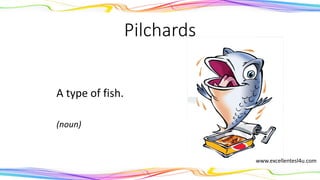 Pilchards
A type of fish.
(noun)
www.excellentesl4u.com
 