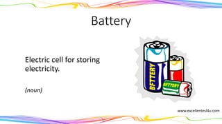Battery
Electric cell for storing
electricity.
(noun)
www.excellentesl4u.com
 