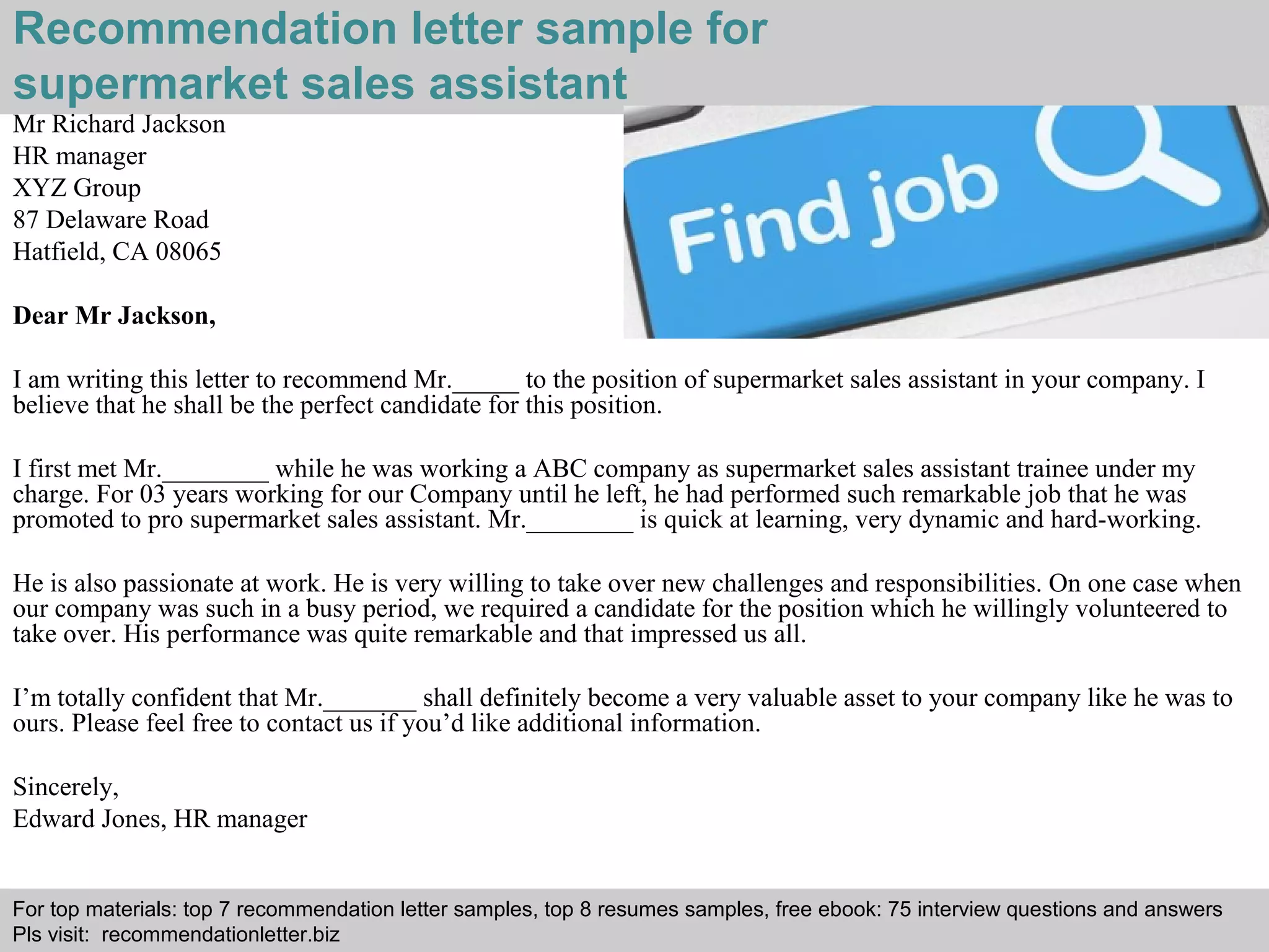 Supermarket sales assistant recommendation letter | PPT