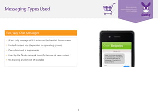 3
Two-Way Chat Messages
• A text message which arrives in an in-app inbox
• Attach images or emoticons
• Include URLs and format text
• Automate replies to inbound messages using rules
• Unlimited message length
Messaging Types Used
 