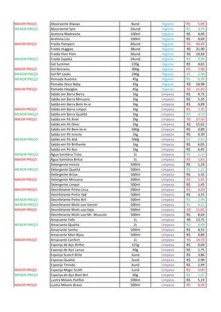 MAIOR PREÇO Absorvente Always 8und Higiene 5,09R$
MENOR PREÇO Absorvente Sym 16und Higiene 3,79R$
Acetona Madrevita 100ml Higiene 4,49R$
Acetona Liss 100ml Higiene 4,69R$
MAIOR PREÇO Fralda Pampers 40und Higiene 44,49R$
Fralda Huggies 38und Higiene 31,90R$
Fralda Pom Pom 30und Higiene 14,69R$
MENOR PREÇO Fralda Sapeka 24und Higiene 9,99R$
Gel Summer 220g Higiene 4,65R$
MAIOR PREÇO Gel Bozzano 300g Higiene 7,90R$
MENOR PREÇO Gel NY Looks 240g Higiene 3,98R$
MENOR PREÇO Pomada Xuxinha 45g Higiene 8,39R$
Pomada Doce Baby 45g Higiene 14,98R$
MAIOR PREÇO Pomada Hipoglos 45g Higiene 21,69R$
Sabão em Barra Barra 1kg Limpeza 4,75R$
Sabão em Barra Minuano 1kg Limpeza 5,35R$
Sabão em Barra Bem-te-vi 1kg Limpeza 4,89R$
MAIOR PREÇO Sabão em Barra Limpol 1kg Limpeza 7,35R$
MENOR PREÇO Sabão em Barra Qualitá 1kg Limpeza 4,59R$
MAIOR PREÇO Sabão em Pó Ariel 2kg Limpeza 17,50R$
Sabão em Pó Omo 2kg Limpeza 15,62R$
Sabão em Pó Bem-te-vi 500g Limpeza 4,89R$
Sabão em Pó Invicto 1kg Limpeza 4,39R$
MENOR PREÇO Sabão em Pó ALA 500g Limpeza 2,65R$
Sabão em Pó Brilhante 1kg Limpeza 6,05R$
Sabão em Pó Ace 1kg Limpeza 6,45R$
MENOR PREÇO Água Sanitária Tróia 1L Limpeza 1,10R$
MAIOR PREÇO Água Sanitária Brilux 1L Limpeza 1,85R$
Detergente Invicto 500ml Limpeza 1,24R$
MENOR PREÇO Detergente Qualitá 500ml Limpeza 1,21R$
Detergente Brilux 500ml Limpeza 1,35R$
MAIOR PREÇO Detergente Minuano 500ml Limpeza 1,45R$
Detergente Limpol 500ml Limpeza 1,45R$
MAIOR PREÇO Desinfetante Pinho Urca 500ml Limpeza 4,09R$
Desinfetante Pinho Ypê 500ml Limpeza 3,55R$
MENOR PREÇO Desinfetante Pinho Bril 500ml Limpeza 2,99R$
MENOR PREÇO Desinfetante Multi-uso Vanish 500ml Limpeza 8,15R$
MAIOR PREÇO Desinfetante Multi-uso Veja 500ml Limpeza 11,85R$
Desinfetante Multi-uso Mr. Musculo 500ml Limpeza 8,69R$
Amaciante Fofo 1L Limpeza 13,75R$
MENOR PREÇO Amaciante Qualitá 2L Limpeza 4,49R$
Amaciante Sonho 500ml Limpeza 4,55R$
Amaciante Mon Bijou 500ml Limpeza 4,89R$
MAIOR PREÇO Amaciante Confort 1L Limpeza 14,70R$
Esponja de Aço Brilho 125g Limpeza 0,69R$
Esponja de Aço Lanux 60g Limpeza 1,75R$
Esponja Scotch Brite 3und Limpeza 3,86R$
Esponja Qualitá 3und Limpeza 2,90R$
Esponja Tinindo 4und Limpeza 2,99R$
MAIOR PREÇO Esponja Magic Scoth 1und Limpeza 5,09R$
MENOR PREÇO Esponja de Aço Bom Bril 60g Limpeza 1,47R$
Lustra Móveis Poliflor 200ml Limpeza 5,19R$
MAIOR PREÇO Lustra Móveis Bravo 500ml Limpeza 8,39R$
 