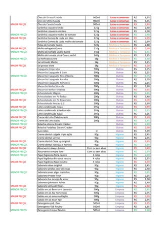 Óleo de Girassol Salada 900ml Latas e conservas 6,55R$
Óleo de Milho Salada 900ml Latas e conservas 6,55R$
MAIOR PREÇO Óleo de Canola Salada 900ml Latas e conservas 7,99R$
Sardinha coqueiro limão 125g Latas e conservas 2,90R$
Sardinha coqueiro em óleo 125g Latas e conservas 2,90R$
MENOR PREÇO Sardinha coqueiro molho de tomate 125g Latas e conservas 2,90R$
MAIOR PREÇO Sardinha Gomes da costa em óleo 125g Latas e conservas 2,99R$
Sardinha Gomes da costa molho de tomate 125g Latas e conservas 2,99R$
Polpa de tomate Quero 520g Molhos e Temperos 2,80R$
MAIOR PREÇO Molho refogado Quero 520g Molhos e Temperos 2,99R$
MENOR PREÇO Molho de tomate Quero Sachê 340g Molhos e Temperos 1,65R$
Molho de tomate pizza Quero sachê 340g Molhos e Temperos 1,65R$
MENOR PREÇO Sal Refinado Lebre 1kg Molhos e Temperos 1,10R$
Sal refinado Marlin 1kg Molhos e Temperos 1,15R$
MAIOR PREÇO Sal grosso lebre 1kg Molhos e Temperos 1,20R$
Espaguete Imperador 500g Outros 1,75R$
Macarrão Espaguete 8 Galo 500g Outros 2,25R$
MENOR PREÇO Macarrão Espaguete Fino Vitarela 500g Outros 1,75R$
Macarrão Espaguete Paraíba 500g Outros 1,79R$
Macarrão Espaguete Fortaleza 500g Outros 2,25R$
Macarrão Ninho Vitarella 500g Outros 3,20R$
MAIOR PREÇO Macarrão Ninho Fortaleza 500g Outros 3,55R$
MENOR PREÇO Achocolatado Mágico 200g Outros 1,85R$
Achocoladato em Pó Toddy 200g Outros 3,40R$
MAIOR PREÇO Achocolatado em Pó Powerlate 300g Outros 4,09R$
Achocolatado Nescau 2.0 200g Outros 3,99R$
MAIOR PREÇO Leite condensado moça 395g Outros 4,99R$
MENOR PREÇO Leite condensado Valedourado 395g Outros 3,15R$
Leite condensado Italac 395g Outros 3,25R$
MAIOR PREÇO Creme de Leite Valedourado 200g Outros 1,69R$
MENOR PREÇO Creme de Leite Italac 200g Outros 1,65R$
MENOR PREÇO Bolacha vitarela Cream Cracker Outros 2,69R$
MAIOR PREÇO Bolacha Fortaleza Cream Cracker Outros 2,90R$
Suco Ades 1l Outros 5,99R$
Creme dental colgate tripla ação 90g Higiene 2,45R$
Creme dental sorriso 90g Higiene 2,35R$
MAIOR PREÇO Creme dental Close up original 90g Higiene 2,65R$
MENOR PREÇO Creme dental even juá e hortelã 90g Higiene 1,69R$
MAIOR PREÇO Absorvente always básico Com ou sem abas Higiene 3,49R$
MENOR PREÇO Absorvente sempre livre Com ou sem abas Higiene 2,19R$
MENOR PREÇO Papel higienico flora neutro 4 rolos Higiene 2,39R$
Papel higiênico Personal neutro 4 rolos Higiene 2,55R$
MAIOR PREÇO Papel higiênico Neve neutro 4 rolos Higiene 6,59R$
Sabonete dove original 90g Higiene 2,45R$
Sabonete phebo odor de rosas 90g Higiene 2,50R$
MENOR PREÇO Sabonete even algas marinhas 90g Higiene 0,95R$
Sabonete Protex fresh 90g Higiene 2,25R$
Sabonete lux desejo de amor 90g Higiene 1,50R$
Sabonete johnson's folhas 90g Higiene 1,49R$
MAIOR PREÇO Sabonete Alma de flores 90g Higiene 2,60R$
MENOR PREÇO Sabão em pó Bem-te-vi Lavanda 500g Limpeza 2,65R$
Sabão em pó Ala hortensias 500g Limpeza 2,75R$
MAIOR PREÇO Sabão em pó omo multiação 500g Limpeza 3,59R$
Sabão em pó tixan Ypê 500g Limpeza 2,95R$
MAIOR PREÇO Detergente ypê côco 500ml Limpeza 1,65R$
Detergente Ypê Neutro 500ml Limpeza 1,65R$
MENOR PREÇO Detergente Limpol Neutro 500ml Limpeza 1,60R$
 