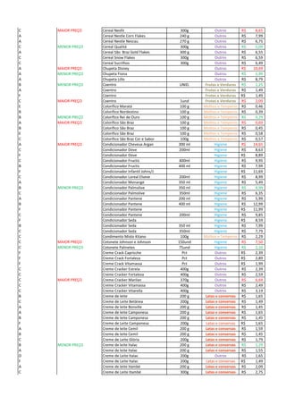 C MAIOR PREÇO Cereal Nesfit 300g Outros 8,65R$
A Cereal Nestle Corn Flakes 240 g Outros 7,99R$
A Cereal Nestle Nescau 270 g Outros 6,75R$
C MENOR PREÇO Cereal Qualitá 300g Outros 5,09R$
A Cereal São Braz Gold Flakes 300 g Outros 6,55R$
C Cereal Snow Flakes 300g Outros 6,59R$
C Cereal Sucrilhos 300g Outros 6,49R$
A MAIOR PREÇO Chupeta Disney Outros 10,69R$
A MENOR PREÇO Chupeta Fiona Outros 5,99R$
A Chupeta Lillo Outros 8,79R$
B MENOR PREÇO Coentro UNID. Frutas e Verduras 1,25R$
A Coentro Frutas e Verduras 1,49R$
F Coentro Frutas e Verduras 1,49R$
C MAIOR PREÇO Coentro 1und Frutas e Verduras 2,09R$
E Colorífico Maratá 100 g Molhos e Temperos 0,46R$
B Colorífico Nordestino 100 g Molhos e Temperos 0,39R$
B MENOR PREÇO Colorífico Rei de Ouro 100 g Molhos e Temperos 0,29R$
A MAIOR PREÇO Colorífico São Braz 100 g Molhos e Temperos 0,69R$
B Colorífico São Braz 100 g Molhos e Temperos 0,45R$
E Colorífico São Braz 100 g Molhos e Temperos 0,58R$
C Colorífico São Braz Cor e Sabor 100g Molhos e Temperos 0,57R$
A MAIOR PREÇO Condicionador Cheveux Argan 300 ml Higiene 14,65R$
C Condicionador Dove 200ml Higiene 8,63R$
F Condicionador Dove Higiene 8,89R$
C Condicionador Fructis 400ml Higiene 9,95R$
B Condicionador Fructis 400 ml Higiene 7,99R$
F Condicionador Infantil Johns/J Higiene 11,69R$
C Condicionador Loreal Elseve 200ml Higiene 8,99R$
A Condicionador Monange 350 ml Higiene 5,49R$
B MENOR PREÇO Condicionador Palmolive 350 ml Higiene 4,99R$
C Condicionador Palmolive 350ml Higiene 6,35R$
A Condicionador Pantene 200 ml Higiene 5,99R$
B Condicionador Pantene 400 ml Higiene 12,99R$
F Condicionador Pantene Higiene 11,99R$
C Condicionador Pantene 200ml Higiene 9,85R$
F Condicionador Seda Higiene 8,59R$
B Condicionador Seda 350 ml Higiene 7,99R$
C Condicionador Seda 350ml Higiene 7,79R$
C Condimento Misto Kitano 100g Molhos e Temperos 2,29R$
C MAIOR PREÇO Cotonete Johnson e Johnson 150und Higiene 7,50R$
C MENOR PREÇO Cotonete Palinetes 75und Higiene 2,10R$
F Creme Crack Capricche Pct Outros 2,39R$
F Creme Crack Fortaleza Pct Outros 2,89R$
F Creme Crack Vitamassa Pct Outros 1,99R$
C Creme Cracker Estrela 400g Outros 2,39R$
C Creme Cracker Fortaleza 400g Outros 2,59R$
C MAIOR PREÇO Creme Cracker Marilan 370g Outros 6,69R$
C Creme Cracker Vitamassa 400g Outros 2,49R$
C Creme Cracker Vitarella 400g Outros 3,19R$
B Creme de leite 200 g Latas e conservas 1,65R$
C Creme de Leite Betânea 200g Latas e conservas 1,49R$
A Creme de leite Bonville 200 g Latas e conservas 1,45R$
A Creme de leite Camponesa 200 g Latas e conservas 1,65R$
B Creme de leite Camponesa 200 g Latas e conservas 1,45R$
F Creme de Leite Camponesa 200g Latas e conservas 1,65R$
A Creme de leite Cemil 200 g Latas e conservas 1,59R$
B Creme de leite Cemil 200 g Latas e conservas 1,45R$
C Creme de Leite Glória 200g Latas e conservas 1,79R$
B MENOR PREÇO Creme de leite Italac 200 g Latas e conservas 1,29R$
A Creme de leite Italac 200 g Latas e conservas 1,55R$
D Creme de Leite Italac 200g Outros 1,65R$
F Creme de Leite Italac 200g Latas e conservas 1,49R$
A Creme de leite Itambé 200 g Latas e conservas 2,09R$
C Creme de Leite Itambé 300g Latas e conservas 2,75R$
 