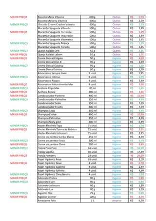 MAIOR PREÇO Biscoito Maria Vitarela 400 g Outros 2,59R$
Biscoito Maisena Vitarela 400 g Outros 2,59R$
MENOR PREÇO Biscoito Cream Cracker Vitarela 400 g Outros 2,29R$
Macarrão Spaguete Vitarella 500 g Outros 1,49R$
MAIOR PREÇO Macarrão Spaguete Fortaleza 500 g Outros 1,79R$
Macarrão Spaguete Imperador 500 g Outros 1,49R$
Macarrão Spaguete Vitamassa 500 g Outros 1,65R$
MENOR PREÇO Macarrão Spaguete Aliança 500 g Outros 1,39R$
Macarrão Spaguete Paraíba 500 g Outros 1,45R$
MENOR PREÇO Queijo Ralado OPA 50 g Outros 1,45R$
MAIOR PREÇO Queijo Ralado Lebom 50 g Outros 1,75R$
MAIOR PREÇO Creme Dental Colgate 90 g Higiene 4,69R$
Creme Dental Oral-B 90 g Higiene 4,69R$
MENOR PREÇO Creme Dental Closeup 90 g Higiene 1,99R$
Creme Dental Sorriso 90 g Higiene 1,79R$
Absorvente Sempre Livre 8 unid. Higiene 2,15R$
MENOR PREÇO Absorvente Intimus 8 unid. Higiene 1,99R$
Absorvente Always 8 unid. Higiene 2,69R$
MAIOR PREÇO Absorvente Naturalmente Max 8 unid. Higiene 3,99R$
MENOR PREÇO Acetona Popy Max 80 ml Higiene 1,49R$
MAIOR PREÇO Acetona Enlace 100 ml Higiene 1,65R$
MAIOR PREÇO Condicionador Pantene 400 ml Higiene 12,99R$
MENOR PREÇO Condicionador Palmolive 350 ml Higiene 4,99R$
Condicionador Seda 350 ml Higiene 7,99R$
Condicionador Fructis 400 ml Higiene 7,99R$
MENOR PREÇO Shampoo Seda 350 ml Higiene 4,49R$
MAIOR PREÇO Shampoo Elséve 400 ml Higiene 10,99R$
Shampoo Palmolive 350 ml Higiene 4,99R$
Shampoo Niely gold 300 ml Higiene 6,49R$
MENOR PREÇO Hastes Flexíveis Topz 75 unid. Higiene 1,59R$
MAIOR PREÇO Hastes Flexíveis Turma da Mônica 75 unid. Higiene 2,35R$
Hastes Flexíveis Johnson's 75 unid. Higiene 2,25R$
Creme de pentear Loréal Elseve 250 ml Higiene 8,39R$
MENOR PREÇO Creme de pentear Seda 300 ml Higiene 5,69R$
MAIOR PREÇO Creme de pentear Dove 200 ml Higiene 8,69R$
MENOR PREÇO Fralda Pom Pom 34 unid. Higiene 16,99R$
Fralda Sapeka 40 unid. Higiene 17,89R$
MAIOR PREÇO Fralda Pampers 28 unid. Higiene 29,99R$
Papel higiênico Rose 28 unid. Higiene 2,09R$
MAIOR PREÇO Papel higiênico Neve 4 unid. Higiene 6,59R$
Papel higiênico Sublime 4 unid. Higiene 2,49R$
Papel higiênico Fofinho 4 unid. Higiene 4,99R$
MENOR PREÇO Papel higiênico Dany Neutro 4 unid. Higiene 1,59R$
MAIOR PREÇO Sabonete Protex 90 g Higiene 1,89R$
MENOR PREÇO Sabonete Even 90 g Higiene 0,89R$
Sabonete Johnsons 90 g Higiene 1,19R$
Sabonete Lux 90 g Higiene 1,59R$
MENOR PREÇO Algodão Floc 25 g Higiene 0,49R$
MAIOR PREÇO Algodão Cremer 100 g Higiene 4,79R$
Amaciante Fofo 2 L Limpeza 6,79R$
 