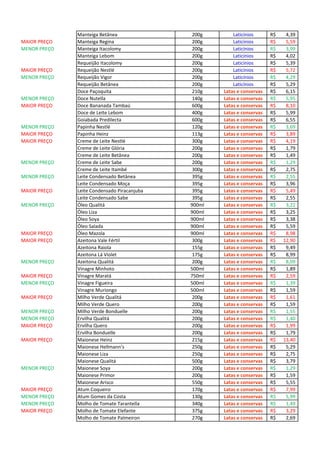 Manteiga Betânea 200g Laticínios 4,39R$
MAIOR PREÇO Manteiga Regina 200g Laticínios 5,59R$
MENOR PREÇO Manteiga Itacolomy 200g Laticínios 3,99R$
Manteiga Lebom 200g Laticínios 4,02R$
Requeijão Itacolomy 200g Laticínios 5,39R$
MAIOR PREÇO Requeijão Nestlé 200g Laticínios 5,72R$
MENOR PREÇO Requeijão Vigor 200g Laticínios 4,29R$
Requeijão Betânea 200g Laticínios 5,29R$
Doce Paçoquita 210g Latas e conservas 6,15R$
MENOR PREÇO Doce Nutella 140g Latas e conservas 5,95R$
MAIOR PREÇO Doce Bananada Tambaú 600g Latas e conservas 8,10R$
Doce de Leite Lebom 400g Latas e conservas 5,99R$
Goiabada Predilecta 600g Latas e conservas 6,55R$
MENOR PREÇO Papinha Nestlé 120g Latas e conservas 3,69R$
MAIOR PREÇO Papinha Heinz 113g Latas e conservas 3,89R$
MAIOR PREÇO Creme de Leite Nestlé 300g Latas e conservas 4,19R$
Creme de Leite Glória 200g Latas e conservas 1,79R$
Creme de Leite Betânea 200g Latas e conservas 1,49R$
MENOR PREÇO Creme de Leite Sabe 200g Latas e conservas 1,29R$
Creme de Leite Itambé 300g Latas e conservas 2,75R$
MENOR PREÇO Leite Condensado Betânea 395g Latas e conservas 2,55R$
Leite Condensado Moça 395g Latas e conservas 3,96R$
MAIOR PREÇO Leite Condensado Piracanjuba 395g Latas e conservas 5,49R$
Leite Condensado Sabe 395g Latas e conservas 2,55R$
MENOR PREÇO Óleo Qualitá 900ml Latas e conservas 3,22R$
Óleo Liza 900ml Latas e conservas 3,25R$
Óleo Soya 900ml Latas e conservas 3,38R$
Óleo Salada 900ml Latas e conservas 5,59R$
MAIOR PREÇO Óleo Mazola 900ml Latas e conservas 8,98R$
MAIOR PREÇO Azeitona Vale Fértil 300g Latas e conservas 12,90R$
Azeitona Raiola 155g Latas e conservas 9,49R$
Azeitona Lá Violet 175g Latas e conservas 8,99R$
MENOR PREÇO Azeitona Qualitá 200g Latas e conservas 8,09R$
Vinagre Minhoto 500ml Latas e conservas 1,89R$
MAIOR PREÇO Vinagre Maratá 750ml Latas e conservas 2,59R$
MENOR PREÇO Vinagre Figueira 500ml Latas e conservas 1,39R$
Vinagre Muriongo 500ml Latas e conservas 1,59R$
MAIOR PREÇO Milho Verde Qualitá 200g Latas e conservas 1,61R$
Milho Verde Quero 200g Latas e conservas 1,59R$
MENOR PREÇO Milho Verde Bonduelle 200g Latas e conservas 1,55R$
MENOR PREÇO Ervilha Qualitá 200g Latas e conservas 1,40R$
MAIOR PREÇO Ervilha Quero 200g Latas e conservas 1,99R$
Ervilha Bonduelle 200g Latas e conservas 1,79R$
MAIOR PREÇO Maionese Heinz 215g Latas e conservas 13,40R$
Maionese Hellmann's 250g Latas e conservas 5,29R$
Maionese Liza 250g Latas e conservas 2,75R$
Maionese Qualitá 500g Latas e conservas 3,79R$
MENOR PREÇO Maionese Soya 200g Latas e conservas 1,29R$
Maionese Primor 200g Latas e conservas 1,59R$
Maionese Arisco 550g Latas e conservas 5,55R$
MAIOR PREÇO Atum Coqueiro 170g Latas e conservas 7,99R$
MENOR PREÇO Atum Gomes da Costa 130g Latas e conservas 5,99R$
MENOR PREÇO Molho de Tomate Tarantella 340g Latas e conservas 1,49R$
MAIOR PREÇO Molho de Tomate Elefante 375g Latas e conservas 3,29R$
Molho de Tomate Palmeiron 270g Latas e conservas 2,69R$
 