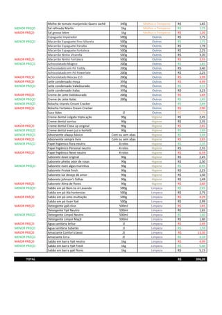 Molho de tomate manjericão Quero sachê 340g Molhos e Temperos 1,65R$
MENOR PREÇO Sal refinado Marlin 1kg Molhos e Temperos 1,15R$
MAIOR PREÇO Sal grosso lebre 1kg Molhos e Temperos 1,20R$
Espaguete Imperador 500g Outros 1,75R$
MENOR PREÇO Macarrão Espaguete Fino Vitarela 500g Outros 1,75R$
Macarrão Espaguete Paraíba 500g Outros 1,79R$
Macarrão Espaguete Fortaleza 500g Outros 2,25R$
Macarrão Ninho Vitarella 500g Outros 3,20R$
MAIOR PREÇO Macarrão Ninho Fortaleza 500g Outros 3,55R$
MENOR PREÇO Achocolatado Mágico 200g Outros 1,85R$
Achocoladato em Pó Toddy 200g Outros 3,40R$
Achocolatado em Pó Powerlate 200g Outros 2,25R$
MAIOR PREÇO Achocolatado Nescau 2.0 200g Outros 3,99R$
MAIOR PREÇO Leite condensado moça 395g Outros 4,99R$
MENOR PREÇO Leite condensado Valedourado 395g Outros 3,15R$
Leite condensado Italac 395g Outros 3,25R$
MAIOR PREÇO Creme de Leite Valedourado 200g Outros 1,69R$
MENOR PREÇO Creme de Leite Italac 200g Outros 1,65R$
MENOR PREÇO Bolacha vitarela Cream Cracker Outros 2,69R$
MAIOR PREÇO Bolacha Fortaleza Cream Cracker Outros 2,90R$
Suco Ades 1l Outros 5,79R$
Creme dental colgate tripla ação 90g Higiene 2,45R$
Creme dental sorriso 90g Higiene 2,35R$
MAIOR PREÇO Creme dental Close up original 90g Higiene 2,65R$
MENOR PREÇO Creme dental even juá e hortelã 90g Higiene 1,69R$
MENOR PREÇO Absorvente always básico Com ou sem abas Higiene 3,49R$
MAIOR PREÇO Absorvente sempre livre Com ou sem abas Higiene 3,65R$
MENOR PREÇO Papel higienico flora neutro 4 rolos Higiene 2,35R$
Papel higiênico Personal neutro 4 rolos Higiene 2,55R$
MAIOR PREÇO Papel higiênico Neve neutro 4 rolos Higiene 6,59R$
Sabonete dove original 90g Higiene 2,45R$
Sabonete phebo odor de rosas 90g Higiene 2,50R$
MENOR PREÇO Sabonete even algas marinhas 90g Higiene 0,95R$
Sabonete Protex fresh 90g Higiene 2,25R$
Sabonete lux desejo de amor 90g Higiene 1,50R$
Sabonete johnson's folhas 90g Higiene 1,49R$
MAIOR PREÇO Sabonete Alma de flores 90g Higiene 2,60R$
MENOR PREÇO Sabão em pó Bem-te-vi Lavanda 500g Limpeza 2,65R$
Sabão em pó Ala hortensias 500g Limpeza 2,75R$
MAIOR PREÇO Sabão em pó omo multiação 500g Limpeza 4,29R$
Sabão em pó tixan Ypê 500g Limpeza 2,99R$
MAIOR PREÇO Detergente ypê côco 500ml Limpeza 1,65R$
Detergente Ypê Neutro 500ml Limpeza 1,65R$
MENOR PREÇO Detergente Limpol Neutro 500ml Limpeza 1,60R$
Detergente Limpol Maçã 500ml Limpeza 1,60R$
MAIOR PREÇO Água sanitária briluz 1l Limpeza 2,49R$
MENOR PREÇO Água sanitária tubarão 1l Limpeza 1,59R$
MAIOR PREÇO Amaciante Confort classic 2l Limpeza 13,30R$
MENOR PREÇO Amaciante Urca 2l Limpeza 4,59R$
MAIOR PREÇO Sabão em barra Ypê neutro 1kg Limpeza 4,99R$
MENOR PREÇO Sabão em barra Ypê Fresh 1kg Limpeza 5,40R$
Sabão em barra ypê flores 1kg Limpeza 5,15R$
TOTAL 396,20R$
 