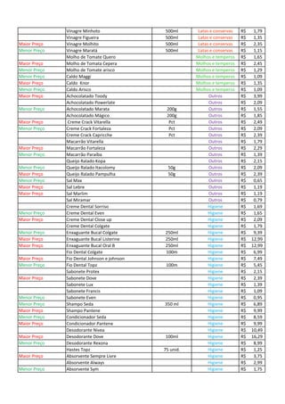 Vinagre Minhoto 500ml Latas e conservas R$ 1,79
Vinagre Figueira 500ml Latas e conservas R$ 1,35
Maior Preço Vinagre Molhito 500ml Latas e conservas R$ 2,35
Menor Preço Vinagre Maratá 500ml Latas e conservas R$ 1,15
Molho de Tomate Quero Molhos e temperos R$ 1,65
Maior Preço Molho de Tomata Cepera Molhos e temperos R$ 2,45
Menor Preço Molho de Tomate arisco Molhos e temperos R$ 1,29
Menor Preço Caldo Maggi Molhos e temperos R$ 1,09
Maior Preço Caldo Knor Molhos e temperos R$ 1,35
Menor Preço Caldo Arisco Molhos e temperos R$ 1,09
Maior Preço Achocolatado Toody Outros R$ 3,99
Achocolatado Powerlate Outros R$ 2,09
Menor Preço Achocolatado Marata 200g Outros R$ 1,55
Achocolatado Mágico 200g Outros R$ 1,85
Maior Preço Creme Crack Vitarella Pct Outros R$ 2,49
Menor Preço Creme Crack Fortaleza Pct Outros R$ 2,09
Creme Crack Capricche Pct Outros R$ 2,39
Macarrão Vitarella Outros R$ 1,79
Maior Preço Macarrão Fortaleza Outros R$ 2,29
Menor Preço Macarrão Paraíba Outros R$ 1,39
Queijo Ralado Kopa Outros R$ 2,15
Menor Preço Queijo Ralado Itacolomy 50g Outros R$ 2,09
Maior Preço Queijo Ralado Pampulha 50g Outros R$ 2,39
Menor Preço Sal Max Outros R$ 0,65
Maior Preço Sal Lebre Outros R$ 1,19
Maior Preço Sal Marlim Outros R$ 1,19
Sal Miramar Outros R$ 0,79
Creme Dental Sorriso Higiene R$ 1,69
Menor Preço Creme Dental Even Higiene R$ 1,65
Maior Preço Creme Dental Close up Higiene R$ 2,09
Creme Dental Colgate Higiene R$ 1,79
Menor Preço Enxaguante Bucal Colgate 250ml Higiene R$ 9,39
Maior Preço Enxaguante Bucal Listerine 250ml Higiene R$ 12,99
Maior Preço Enxaguante Bucal Oral B 250ml Higiene R$ 12,99
Fio Dental Colgate 100m Higiene R$ 6,99
Maior Preço Fio Dental Johnson e johnson Higiene R$ 7,49
Menor Preço Fio Dental Topz 100m Higiene R$ 5,45
Sabonete Protex Higiene R$ 2,15
Maior Preço Sabonete Dove Higiene R$ 2,39
Sabonete Lux Higiene R$ 1,39
Sabonete Francis Higiene R$ 1,09
Menor Preço Sabonete Even Higiene R$ 0,95
Menor Preço Shampo Seda 350 ml Higiene R$ 6,89
Maior Preço Shampo Pantene Higiene R$ 9,99
Menor Preço Condicionador Seda Higiene R$ 8,59
Maior Preço Condicionador Pantene Higiene R$ 9,99
Desodorante Nivea Higiene R$ 10,49
Maior Preço Desodorante Dove 100ml Higiene R$ 16,29
Menor Preço Desodorante Rexona Higiene R$ 8,99
Hastes Topz 75 unid. Higiene R$ 1,25
Maior Preço Absorvente Sempre Livre Higiene R$ 3,75
Absorvente Always Higiene R$ 2,99
Menor Preço Absorvente Sym Higiene R$ 1,75
 