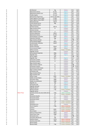 B Sal Nacional 1kg Outros R$ 0,65
A Absorvente Intimus 8 unid. Higiene 2,49R$
B Absorvente Sempre Livre 8 unid Higiene R$ 3,19
B Fraldas Sapeka 24 unid Higiene R$ 10,99
D Absorvente sempre livre Com ou sem abas Higiene 2,19R$
B Papel Higiênico Floral 20MT 4 UNID Higiene R$ 2,09
B Papel Higiênico Novo 30MT 4 UNID Higiene R$ 2,09
C Absorvente Sym 16und Higiene 3,79R$
B Creme Dental Sorriso 90g Higiene R$ 2,09
F Água Sanitaria Brilux Limpeza R$ 2,55
A Acetona Farmax 100 ml Higiene 2,09R$
C Água Sanitária Brilux 1L Limpeza 1,85R$
F Acetona Farmax Limpeza R$ 2,09
D Água sanitária briluz 1l Limpeza 2,40R$
C Acetona Madrevita 100ml Higiene 4,49R$
B Absorvente Intimus 8 unid Higiene R$ 3,29
B Achocolatado 3 Corações 200G Outros R$ 1,69
B Sabonete Palmolive 90g Higiene R$ 0,99
E Agua Sanitaria Olimpo 1L Limpeza 1,45R$
A Achocolatado Mágico 400 g Outros 3,65R$
B Condicionador Palmolive 350ml Higiene R$ 5,89
F Álcool Tubarão Limpeza R$ 6,19
B Xampu Palmolive 350ml Higiene R$ 4,99
D Achocolatado Mágico 200g Outros 1,85R$
B Alface Francesa UNID. Frutas e Verduras 1,29R$
F Algodão Farmax Limpeza R$ 2,09
C Achocolatado Powerlate 300g Outros 2,19R$
A Algodão Topz 50 g Higiene 3,99R$
E Acucar Alegre 1KG 1,69R$
B Algodão Topz 50 G Higiene R$ 2,59
A Amaciante Comfort 2 L Limpeza 12,49R$
B Amaciante Comfort 2l Limpeza R$ 11,79
F Água Sanitaria Igual Limpeza R$ 1,49
E Agua Sanitaria Tubarao 1L Limpeza 1,15R$
E Amaciante Comfort 2L Limpeza 12,39R$
D Amaciante Confort classic 2l Limpeza 13,49R$
D Água sanitária tubarão 1l Limpeza 1,59R$
F Amaciante Fofo Limpeza 6,19R$
B Água Sanitária Brilux 2L Limpeza R$ 2,19
B Água Sanitária Ypê 1L Limpeza R$ 1,99
B Alface Crespa UNID. Frutas e Verduras 0,75R$
B Sabão em barra Razzo 1 KG Limpeza R$ 4,69
C Amendoin Okter 200g Outros 7,39R$
B Sabão em pó Brilhante 500g Limpeza R$ 3,79
C Algodão Liss 50g Higiene 2,85R$
B Amaciante Fofo 2L Limpeza R$ 6,79
A Algodão Nathalya 25 g Higiene 0,85R$
A Algodão Spartex 25 g Higiene 0,85R$
B Banana Pacovan 1 kg Frutas e Verduras 2,29R$
F Algodão Spritex Limpeza R$ 0,79
D Maior Preço Sardinha Gomes da costa molho de tomate 125g Latas e conservas 2,99R$
F Cebola 1k Frutas e Verduras R$ 5,29
C Amaciante Qualitá 2L Limpeza 4,49R$
A Amaciante Sonho 1,5 L Limpeza 5,19R$
B Amaciante Sonho 2 l Limpeza R$ 5,89
A Cenoura 1 kg Frutas e Verduras 3,39R$
F Cenoura 1k Frutas e Verduras R$ 3,39
D Amaciante Urca 2l Limpeza 4,59R$
C Atum Coqueiro 170g Latas e conservas 7,99R$
A Coentro Frutas e Verduras 1,65R$
B Coentro UNID. Frutas e Verduras 0,75R$
A Atum Quero 170 g Latas e conservas 9,09R$
A Aveia em flocos Nutry 200 g Outros 2,49R$
C Aveia Flocos Taeq 200g Outros 4,73R$
E Amaciante Urca 2L Limpeza 4,29R$
C Amendoin Mendorato 70g Outros 2,99R$
A Azeitona Quero 155 g Latas e conservas 6,99R$
C Azeitona Vale Fértil 300g Latas e conservas 12,90R$
A Banana Maçã Frutas e Verduras 5,49R$
B Banana Maçã 1 kg Frutas e Verduras 4,49R$
 