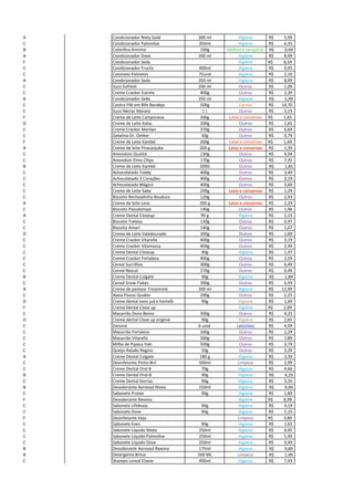 A Condicionador Niely Gold 300 ml Higiene 5,99R$
C Condicionador Palmolive 350ml Higiene 6,35R$
B Colorífico Kimimo 100g Molhos e temperos R$ 0,49
A Condicionador Dove 200 ml Higiene 8,99R$
F Condicionador Seda Higiene R$ 8,59
C Condicionador Fructis 400ml Higiene 9,95R$
C Cotonete Palinetes 75und Higiene 2,10R$
A Condicionador Seda 350 ml Higiene 8,99R$
C Suco Sufresh 200 ml Outros 1,09R$
C Creme Cracker Estrela 400g Outros 2,39R$
B Condicionador Seda 350 ml Higiene R$ 5,99
C Contra Filé em Bife Bandeja 500g Carnes 14,70R$
C Suco Néctar Maratá 1 L Outros 3,19R$
F Creme de Leite Camponesa 200g Latas e conservas R$ 1,65
D Creme de Leite Italac 200g Outros 1,65R$
C Creme Cracker Marilan 370g Outros 6,69R$
C Gelatina Dr. Oetker 30g Outros 0,79R$
F Creme de Leite Itambé 200g Latas e conservas R$ 1,69
A Creme de leite Piracanjuba 200 g Latas e conservas 1,39R$
C Amendoin Qualitá 130g Outros 4,04R$
C Amendoin Elma Chips 170g Outros 7,35R$
B Creme de Leite Itambé 200G Outros R$ 1,85
C Achocolatado Toddy 400g Outros 3,49R$
C Achocolatado 3 Corações 400g Outros 3,19R$
C Achocolatado Mágico 400g Outros 3,69R$
C Creme de Leite Sabe 200g Latas e conservas 1,29R$
C Biscoito Recheadinho Bauduco 120g Outros 2,43R$
A Creme de leite Leve 200 g Latas e conservas 2,29R$
C Biscoito Passatempo 140g Outros 1,96R$
A Creme Dental Closeup 90 g Higiene 2,15R$
C Biscoito Treloso 130g Outros 0,97R$
C Biscoito Amori 140g Outros 1,07R$
D Creme de Leite Valedourado 200g Outros 1,69R$
C Creme Cracker Vitarella 400g Outros 3,19R$
C Creme Cracker Vitamassa 400g Outros 2,49R$
C Creme Dental Closeup 90g Higiene 1,97R$
C Creme Cracker Fortaleza 400g Outros 2,59R$
C Cereal Sucrilhos 300g Outros 6,49R$
C Cereal Nescal 270g Outros 6,49R$
B Creme Dental Colgate 90g Higiene R$ 1,89
C Cereal Snow Flakes 300g Outros 6,59R$
A Creme de pentear Tresemmé 300 ml Higiene 12,99R$
C Aveia Flocos Quaker 200g Outros 2,25R$
D Creme dental even juá e hortelã 90g Higiene 1,69R$
F Creme Dental Close up Higiene R$ 2,09
C Macarrão Dona Benta 500g Outros 4,25R$
D Creme dental Close up original 90g Higiene 2,65R$
C Danone 6 unid. Laticínios 4,09R$
C Macarrão Fortaleza 500g Outros 2,29R$
C Macarrão Vitarella 500g Outros 1,89R$
C Milho de Pipoca Yoki 500g Outros 3,79R$
C Queijo Ralado Regina 50g Outros 3,29R$
A Creme Dental Colgate 180 g Higiene 3,39R$
C Desinfetante Pinho Bril 500ml Limpeza 2,99R$
C Creme Dental Oral B 70g Higiene 4,66R$
B Creme Dental Oral-B 90g Higiene R$ 4,29
C Creme Dental Sorriso 90g Higiene 3,26R$
B Desodorante Aerossol Nívea 150ml Higiene R$ 9,49
C Sabonete Protex 90g Higiene 1,89R$
F Desodorante Rexona Higiene R$ 8,99
C Sabonete Lifebuoy 90g Higiene 4,19R$
C Sabonete Dove 90g Higiene 2,10R$
F Desinfetante Veja Limpeza R$ 3,89
C Sabonete Even 90g Higiene 1,65R$
C Sabonete Líquido Nívea 250ml Higiene 8,95R$
C Sabonete Líquido Palmolive 250ml Higiene 5,99R$
C Sabonete Líquido Dove 250ml Higiene 9,49R$
B Desodorante Aerossol Rexona 175ml Higiene R$ 9,89
B Detergente Brilux 500 ML Limpeza R$ 1,49
C Shampo Loreal Elseve 400ml Higiene 7,93R$
 