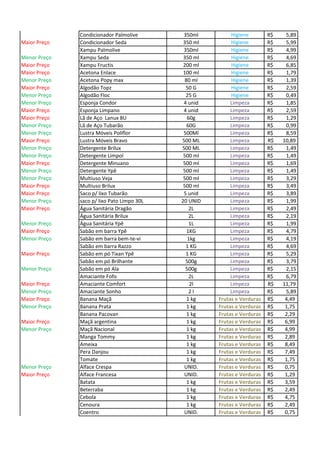 Condicionador Palmolive 350ml Higiene R$ 5,89
Maior Preço Condicionador Seda 350 ml Higiene R$ 5,99
Xampu Palmolive 350ml Higiene R$ 4,99
Menor Preço Xampu Seda 350 ml Higiene R$ 4,69
Maior Preço Xampu Fructis 200 ml Higiene R$ 6,85
Maior Preço Acetona Enlace 100 ml Higiene R$ 1,79
Menor Preço Acetona Popy max 80 ml Higiene R$ 1,39
Maior Preço Algodão Topz 50 G Higiene R$ 2,59
Menor Preço Algodão Floc 25 G Higiene R$ 0,49
Menor Preço Esponja Condor 4 unid Limpeza R$ 1,85
Maior Preço Esponja Limpano 4 unid Limpeza R$ 2,59
Maior Preço Lã de Aço Lanux 8U 60g Limpeza R$ 1,29
Menor Preço Lã de Aço Tubarão 60G Limpeza R$ 0,99
Menor Preço Lustra Móveis Poliflor 500Ml Limpeza R$ 8,59
Maior Preço Lustra Móveis Bravo 500 ML Limpeza R$ 10,89
Menor Preço Detergente Brilux 500 ML Limpeza R$ 1,49
Menor Preço Detergente Limpol 500 ml Limpeza R$ 1,49
Maior Preço Detergente Minuano 500 ml Limpeza R$ 1,69
Menor Preço Detergente Ypê 500 ml Limpeza R$ 1,49
Menor Preço Multiuso Veja 500 ml Limpeza R$ 3,29
Maior Preço Multiuso Brilux 500 ml Limpeza R$ 3,49
Maior Preço Saco p/ lixo Tubarão 5 unid Limpeza R$ 3,89
Menor Preço saco p/ lixo Pato Limpo 30L 20 UNID Limpeza R$ 1,99
Maior Preço Água Sanitária Dragão 2L Limpeza R$ 2,49
Água Sanitária Brilux 2L Limpeza R$ 2,19
Menor Preço Água Sanitária Ypê 1L Limpeza R$ 1,99
Maior Preço Sabão em barra Ypê 1KG Limpeza R$ 4,79
Menor Preço Sabão em barra bem-te-vi 1kg Limpeza R$ 4,19
Sabão em barra Razzo 1 KG Limpeza R$ 4,69
Maior Preço Sabão em pó Tixan Ypê 1 KG Limpeza R$ 5,29
Sabão em pó Brilhante 500g Limpeza R$ 3,79
Menor Preço Sabão em pó Ala 500g Limpeza R$ 2,15
Amaciante Fofo 2L Limpeza R$ 6,79
Maior Preço Amaciante Comfort 2l Limpeza R$ 11,79
Menor Preço Amaciante Sonho 2 l Limpeza R$ 5,89
Maior Preço Banana Maçã 1 kg Frutas e Verduras 4,49R$
Menor Preço Banana Prata 1 kg Frutas e Verduras 1,75R$
Banana Pacovan 1 kg Frutas e Verduras 2,29R$
Maior Preço Maçã argentina 1 kg Frutas e Verduras 6,99R$
Menor Preço Maçã Nacional 1 kg Frutas e Verduras 4,99R$
Manga Tommy 1 kg Frutas e Verduras 2,89R$
Ameixa 1 kg Frutas e Verduras 8,49R$
Pera Danjou 1 kg Frutas e Verduras 7,49R$
Tomate 1 kg Frutas e Verduras 1,75R$
Menor Preço Alface Crespa UNID. Frutas e Verduras 0,75R$
Maior Preço Alface Francesa UNID. Frutas e Verduras 1,29R$
Batata 1 kg Frutas e Verduras 3,59R$
Beterraba 1 kg Frutas e Verduras 2,49R$
Cebola 1 kg Frutas e Verduras 4,75R$
Cenoura 1 kg Frutas e Verduras 2,49R$
Coentro UNID. Frutas e Verduras 0,75R$
 