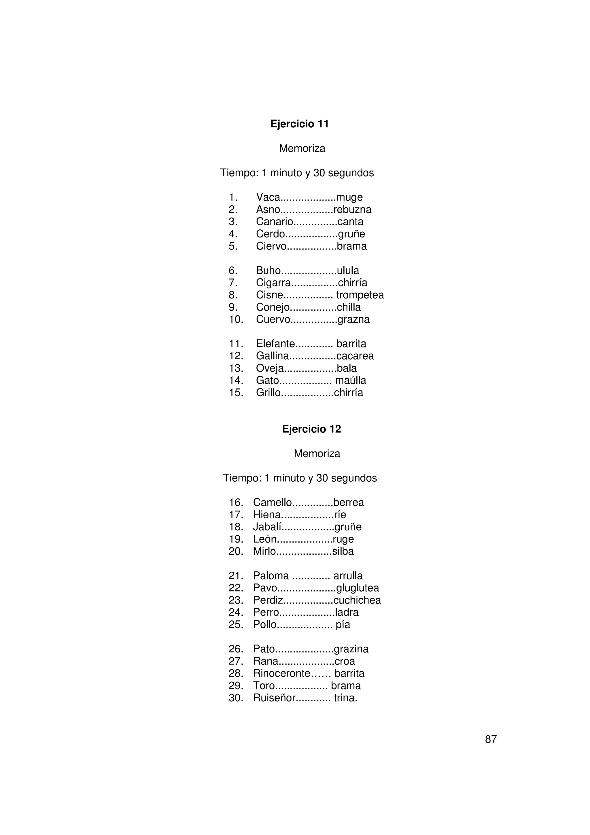 Ejercicio 11

             Memoriza

Tiempo: 1 minuto y 30 segundos

 1.    Vaca...................muge
 2.    Asno..................rebuzna
 3.    Canario...............canta
 4.    Cerdo..................gruñe
 5.    Ciervo.................brama

 6.    Buho...................ulula
 7.    Cigarra................chirría
 8.    Cisne................. trompetea
 9.    Conejo................chilla
 10.   Cuervo................grazna

 11.   Elefante............. barrita
 12.   Gallina................cacarea
 13.   Oveja..................bala
 14.   Gato.................. maúlla
 15.   Grillo..................chirría


              Ejercicio 12

                 Memoriza

Tiempo: 1 minuto y 30 segundos

 16.   Camello..............berrea
 17.   Hiena..................ríe
 18.   Jabalí..................gruñe
 19.   León...................ruge
 20.   Mirlo...................silba

 21.   Paloma ............. arrulla
 22.   Pavo....................gluglutea
 23.   Perdiz.................cuchichea
 24.   Perro...................ladra
 25.   Pollo................... pía

 26.   Pato....................grazina
 27.   Rana...................croa
 28.   Rinoceronte…… barrita
 29.   Toro.................. brama
 30.   Ruiseñor............ trina.


                                           87
 