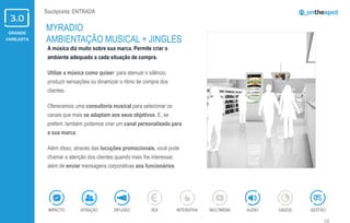GRANDE
VAREJISTA
18
Touchpoints: ENTRADA
A música diz muito sobre sua marca. Permite criar o
ambiente adequado a cada situação de compra.
Utilize a música como quiser: para atenuar o silêncio,
produzir sensações ou dinamizar o ritmo de compra dos
clientes.
Oferecemos uma consultoria musical para selecionar os
canais que mais se adaptam aos seus objetivos. E, se
preferir, também podemos criar um canal personalizado para
a sua marca.
Além disso, através das locuções promocionais, você pode
chamar a atenção dos clientes quando mais lhe interessar,
além de enviar mensagens corporativas aos funcionários.
MYRADIO
AMBIENTAÇÃO MUSICAL + JINGLES
ÁUDIOIMPACTO DADOSATRAÇÃO GESTÃOROIDIFUSÃO INTERATIVA MULTIMÍDIA
 