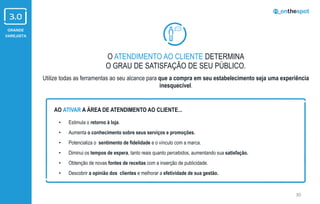 GRANDE
VAREJISTA
O ATENDIMENTO AO CLIENTE DETERMINA
O GRAU DE SATISFAÇÃO DE SEU PÚBLICO.
Utilize todas as ferramentas ao seu alcance para que a compra em seu estabelecimento seja uma experiência
inesquecível.
30
• Estimula o retorno à loja.
• Aumenta o conhecimento sobre seus serviços e promoções.
• Potencializa o sentimento de fidelidade e o vínculo com a marca.
• Diminui os tempos de espera, tanto reais quanto percebidos, aumentando sua satisfação.
• Obtenção de novas fontes de receitas com a inserção de publicidade.
• Descobrir a opinião dos clientes e melhorar a efetividade de sua gestão.
AO ATIVAR A ÁREA DE ATENDIMENTO AO CLIENTE...
 