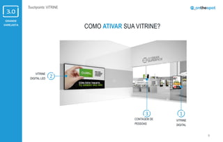 GRANDE
VAREJISTA
COMO ATIVAR SUA VITRINE?
9
Touchpoints: VITRINE
VITRINE
DIGITAL LED
CONTAGEM DE
PESSOAS
VITRINE
DIGITAL
13
2
 