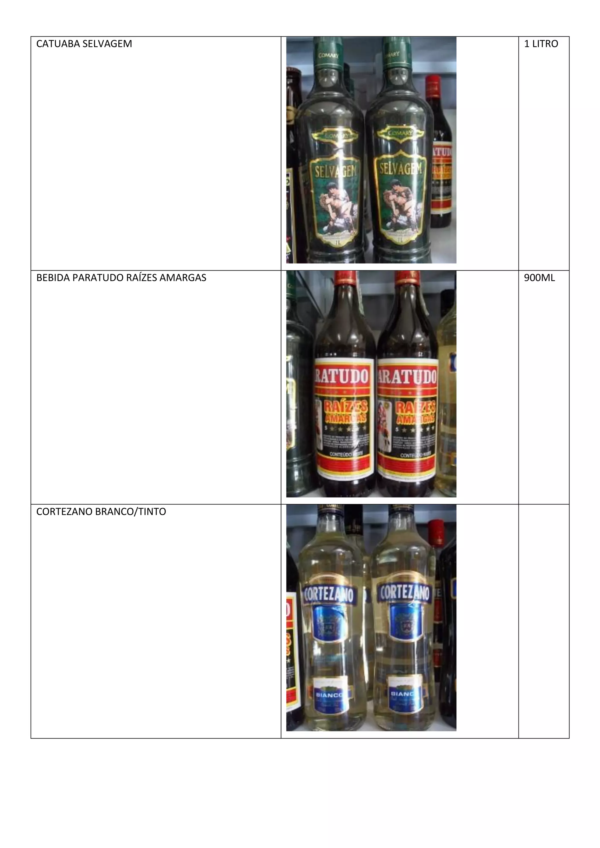 CATUABA SELVAGEM                 1 LITRO




BEBIDA PARATUDO RAÍZES AMARGAS   900ML




CORTEZANO BRANCO/TINTO
 