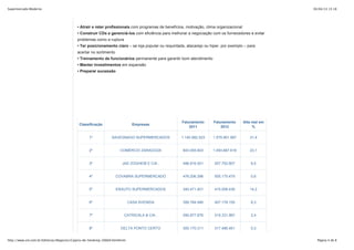 30/04/13 15:18Supermercado Moderno
Página 4 de 8http://www.sm.com.br/Editorias/Negocios/Caipira-de-Smoking-20669.html#cmt
• Atrair e reter profissionais com programas de benefícios, motivação, clima organizacional
• Construir CDs e gerenciá-los com eficiência para melhorar a negociação com os fornecedores e evitar
problemas como a ruptura
• Ter posicionamento claro – se loja popular ou requintada, atacarejo ou hiper, por exemplo – para
acertar no sortimento
• Treinamento de funcionários permanente para garantir bom atendimento
• Manter investimentos em expansão
• Preparar sucessão
Classificação Empresas
Faturamento
2011
Faturamento
2012
Alta real em
%
1º SAVEGNAGO SUPERMERCADOS 1.140.582.523 1.579.991.987 31,4
2º COMÉRCIO ZARAGOZA 843.055.603 1.093.687.618 23,1
3º JAD ZOGHEIB E CIA . 496.816.551 557.752.807 6,5
4º COVABRA SUPERMERCADO 476.206.396 505.175.479 0,6
5º ENXUTO SUPERMERCADOS 340.471.401 410.008.439 14,2
6º CASA AVENIDA 356.784.946 407.178.155 8,3
7º CATRICALA & CIA . 295.877.876 319.331.967 2,4
8º DELTA PONTO CERTO 300.170.311 317.486.461 0,3
 