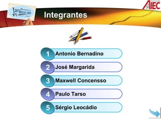 Integrantes



1
1   Antonio Bernadino
    Click to add Title

2
2   José to add Title
    Click Margarida

1
3   Maxwell Concensso
    Click to add Title

2
4   Paulo Tarso
    Click to add Title

1
5   Sérgio Leocádio
    Click to add Title
 