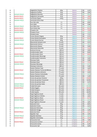 B Salgadinho Cheetos 48 g Outros 1,35R$
B Salgadinho Ruffles 50 g Outros 2,69R$
B MENOR PREÇO Salgadinho Reizinho 50 g Outros 0,65R$
B MAIOR PREÇO Salgadinho Sensações 45 g Outros 3,89R$
B MAIOR PREÇO Lanchinho Pippos 150 g Outros 4,59R$
B MENOR PREÇO Lanchinho Elma chips Outros 4,39R$
B Suco Del valle 1 L Outros 4,99R$
B Suco Ades 1 L Outros 5,98R$
B MENOR PREÇO Suco Mais Vita 1 L Outros 4,39R$
B MAIOR PREÇO Suco Green day 1 L Outros 8,19R$
B MAIOR PREÇO Chupeta Lillo Outros 7,99R$
B MENOR PREÇO Chupeta Fiona Outros 5,99R$
B Chupeta kuka Outros 7,75R$
B Creme Dental Colgate 90 g Higiene 5,75R$
B MAIOR PREÇO Creme Dental Sensodyne 50 g Higiene 8,39R$
B MENOR PREÇO Creme Dental Sorriso 90 g Higiene 2,65R$
B Absorvente Sempre Livre 8 unid. Higiene 3,75R$
B MENOR PREÇO Absorvente Intimus 8 unid. Higiene 2,65R$
B Absorvente Always 8 unid. Higiene 5,09R$
B MAIOR PREÇO Absorvente Naturella 8 unid. Higiene 5,39R$
B Acetona Farmax 100 ml Higiene 2,09R$
B Condicionador Seda 350 ml Higiene 8,49R$
B MAIOR PREÇO Condicionador Dove 200 ml Higiene 8,99R$
B MENOR PREÇO Condicionador Monange 350 ml Higiene 5,49R$
B Condicionador Colorama 400 ml Higiene 5,99R$
B Shampoo Seda 350 ml Higiene 5,98R$
B MAIOR PREÇO Shampoo Dove 200 ml Higiene 7,79R$
B MENOR PREÇO Shampoo Monange 350 ml Higiene 4,79R$
B Shampoo Colorama 400 ml Higiene 5,49R$
B Hastes Flexíveis Topz 75 unid. Higiene 1,69R$
B MAIOR PREÇO Hastes Flexíveis Turma da Mônica 75 unid. Higiene 2,85R$
B Hastes Flexíveis Johnsons 75 unid. Higiene 2,29R$
B MENOR PREÇO Hastes Flexíveis Cottonbaby 75 unid. Higiene 1,35R$
B Hastes Flexíveis Cremer 75 unid. Higiene 1,39R$
B MAIOR PREÇO Creme de pentear Pantene 240 g Higiene 13,98R$
B Creme de pentear Tresemmé 300 ml Higiene 12,99R$
B Creme de pentear Dove 200 ml Higiene 9,79R$
B MENOR PREÇO Creme de pentear Seda 300 ml Higiene 7,49R$
B MENOR PREÇO Fralda Pom pom 26 unid. Higiene 21,98R$
B MAIOR PREÇO Fralda Huggies 20 unid. Higiene 29,99R$
B Fralda Pampers 20 unid. Higiene 24,99R$
B Fralda Sapeka 40 unid. Higiene 24,99R$
B Papel higiênico Scott 4 unid. Higiene 5,29R$
B Papel higiênico Fofinho 4 unid. Higiene 2,65R$
B MAIOR PREÇO Papel higiênico Neve 4 unid. Higiene 6,75R$
B MENOR PREÇO Papel higiênico Floral 4 unid. Higiene 2,35R$
B Papel higiênico Personal 4 unid. Higiene 2,85R$
B Sabonete Even 90 g Higiene 0,95R$
B Sabonete Protex 90 g Higiene 2,15R$
B MENOR PREÇO Sabonete Palmolive 90 g Higiene 1,19R$
B Sabonete Pariggi 90 g Higiene 1,49R$
B MAIOR PREÇO Sabonete Dove 90 g Higiene 2,25R$
B Algodão Topz 25 g Higiene 1,95R$
B MENOR PREÇO Algodão Nathalya 25 g Higiene 0,85R$
B MAIOR PREÇO Algodão Cottonbaby 50 g Higiene 3,59R$
B Amaciante Fofo 2 L Limpeza 7,99R$
B MAIOR PREÇO Amaciante Comfort 2 L Limpeza 14,79R$
B Amaciante Sonho 2 L Limpeza 6,39R$
B Amaciante Ypê 2 L Limpeza 6,89R$
 