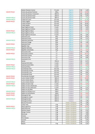 Hastes Flexíveis Cremer 75 unid. Higiene 1,39R$
MAIOR PREÇO Creme de pentear Pantene 240 g Higiene 13,98R$
Creme de pentear Tresemmé 300 ml Higiene 12,99R$
Creme de pentear Dove 200 ml Higiene 9,79R$
MENOR PREÇO Creme de pentear Seda 300 ml Higiene 7,49R$
MENOR PREÇO Fralda Pom pom 26 unid. Higiene 21,98R$
MAIOR PREÇO Fralda Huggies 20 unid. Higiene 29,99R$
Fralda Pampers 20 unid. Higiene 24,99R$
Fralda Sapeka 40 unid. Higiene 24,99R$
Papel higiênico Scott 4 unid. Higiene 5,29R$
Papel higiênico Fofinho 4 unid. Higiene 2,65R$
MAIOR PREÇO Papel higiênico Neve 4 unid. Higiene 6,75R$
MENOR PREÇO Papel higiênico Floral 4 unid. Higiene 2,35R$
Papel higiênico Personal 4 unid. Higiene 2,85R$
Sabonete Even 90 g Higiene 0,95R$
Sabonete Protex 90 g Higiene 2,15R$
MENOR PREÇO Sabonete Palmolive 90 g Higiene 1,19R$
Sabonete Pariggi 90 g Higiene 1,49R$
MAIOR PREÇO Sabonete Dove 90 g Higiene 2,25R$
Algodão Topz 25 g Higiene 1,95R$
MENOR PREÇO Algodão Nathalya 25 g Higiene 0,85R$
MAIOR PREÇO Algodão Cottonbaby 50 g Higiene 3,59R$
Amaciante Fofo 2 L Limpeza 7,99R$
MAIOR PREÇO Amaciante Comfort 2 L Limpeza 14,79R$
Amaciante Sonho 2 L Limpeza 6,39R$
Amaciante Ypê 2 L Limpeza 6,89R$
MENOR PREÇO Amaciante Urca 2 L Limpeza 4,75R$
Destac 750 ml Limpeza 6,75R$
Esponja Esfre Bom 3 unid. Limpeza 3,19R$
MAIOR PREÇO Esponja Scotch-Brite 3 unid. Limpeza 6,59R$
MENOR PREÇO Esponja Brilhus 4 unid. Limpeza 1,99R$
MENOR PREÇO Guardanapo Elite 50 unid. Limpeza 0,65R$
Guardanapo Sorella 50 unid. Limpeza 1,19R$
Guardanapo Leve 50 unid. Limpeza 0,85R$
Guardanapo Snob 50 unid. Limpeza 1,55R$
MAIOR PREÇO Guardanapo Santepel 50 unid. Limpeza 2,89R$
MAIOR PREÇO Lustra móveis Poliflor 500 ml Limpeza 10,98R$
Lustra móveis Bravo 500 ml Limpeza 9,98R$
MENOR PREÇO Lustra móveis Destac 500 ml Limpeza 6,99R$
MAIOR PREÇO Sabão em barra Ypê 5 unid. Limpeza 5,49R$
MENOR PREÇO Sabão em barra Redenção 5 unid. Limpeza 3,99R$
Sabão em barra Minuano 5 unid. Limpeza 5,25R$
Sabão em pó OMO 500 g Limpeza 4,25R$
MENOR PREÇO Sabão em pó Bem-te-vi 500 g Limpeza 2,75R$
MAIOR PREÇO Sabão em pó Brilhante 500 g Limpeza 4,49R$
MAIOR PREÇO Detergente Ypê 500 ml Limpeza 1,75R$
Detergente Limpol 500 ml Limpeza 1,55R$
MENOR PREÇO Detergente Atol 500 ml Limpeza 1,45R$
Detergente Brilux 500 ml Limpeza 1,49R$
Banana Pacovam Frutas e Verduras 1,89R$
Limão Taity 1 kg Frutas e Verduras 2,39R$
MAIOR PREÇO Maçã argentina 1 kg Frutas e Verduras 12,45R$
MENOR PREÇO Maçã Nacional 1 kg Frutas e Verduras 5,59R$
Mamão Hawaii 1 kg Frutas e Verduras 2,59R$
Manga Tommy 1 kg Frutas e Verduras 1,89R$
Maracujá 1 kg Frutas e Verduras 7,89R$
Ameixa 1 kg Frutas e Verduras 14,99R$
Pera Danjou 1 kg Frutas e Verduras 11,49R$
Tomate 1 kg Frutas e Verduras 2,59R$
Alface Frutas e Verduras 1,19R$
Batata 1 kg Frutas e Verduras 5,59R$
 