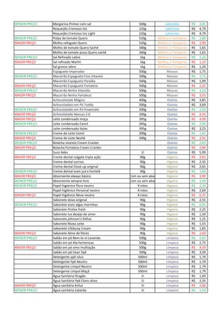 MENOR PREÇO Margarina Primor com sal 500g Laticínios 3,45R$
Requeijão Cremoso Isis 220g Laticínios 4,79R$
Requeijão Cremoso Isis Light 220g Laticínios 4,79R$
MENOR PREÇO Polpa de tomate Quero 520g Molhos e Temperos 2,80R$
MAIOR PREÇO Molho refogado Quero 520g Molhos e Temperos 2,99R$
Molho de tomate Quero Sachê 340g Molhos e Temperos 1,65R$
Molho de tomate pizza Quero sachê 340g Molhos e Temperos 1,65R$
MENOR PREÇO Sal Refinado Lebre 1kg Molhos e Temperos 1,10R$
MAIOR PREÇO Sal refinado Marlin 1kg Molhos e Temperos 1,15R$
Sal grosso lebre 1kg Molhos e Temperos 1,20R$
Espaguete Imperador 500g Massas 1,75R$
MENOR PREÇO Macarrão Espaguete Fino Vitarela 500g Massas 1,75R$
Macarrão Espaguete Paraíba 500g Massas 1,99R$
MAIOR PREÇO Macarrão Espaguete Fortaleza 500g Massas 2,25R$
MENOR PREÇO Macarrão Ninho Vitarella 500g Massas 3,20R$
MAIOR PREÇO Macarrão Ninho Fortaleza 500g Massas 3,55R$
Achocolatado Mágico 400g Outros 3,85R$
Achocoladato em Pó Toddy 200g Outros 3,69R$
MENOR PREÇO Achocolatado em Pó Powerlate 200g Outros 2,50R$
MAIOR PREÇO Achocolatado Nescau 2.0 200g Outros 4,35R$
MAIOR PREÇO Leite condensado moça 395g Outros 4,99R$
MENOR PREÇO Leite condensado Cemil 395g Outros 2,99R$
Leite condensado Italac 395g Outros 3,25R$
MENOR PREÇO Creme de Leite Cemil 200g Outros 1,65R$
MAIOR PREÇO Creme de Leite Nestlé 200g Outros 2,55R$
MENOR PREÇO Bolacha vitarela Cream Cracker Outros 2,69R$
MAIOR PREÇO Bolacha Fortaleza Cream Cracker Outros 2,90R$
Suco Ades 1l Outros 5,99R$
MAIOR PREÇO Creme dental colgate tripla ação 90g Higiene 2,65R$
Creme dental sorriso 90g Higiene 2,35R$
Creme dental Close up original 90g Higiene 2,65R$
MENOR PREÇO Creme dental even juá e hortelã 90g Higiene 1,69R$
MAIOR PREÇO Absorvente always básico Com ou sem abas Higiene 3,99R$
MENOR PREÇO Absorvente sempre livre Com ou sem abas Higiene 2,49R$
MENOR PREÇO Papel higienico flora neutro 4 rolos Higiene 2,39R$
Papel higiênico Personal neutro 4 rolos Higiene 2,69R$
MAIOR PREÇO Papel higiênico Neve neutro 4 rolos Higiene 6,75R$
Sabonete dove original 90g Higiene 2,55R$
MENOR PREÇO Sabonete even algas marinhas 90g Higiene 0,95R$
Sabonete Protex fresh 90g Higiene 2,25R$
Sabonete lux desejo de amor 90g Higiene 1,50R$
Sabonete johnson's folhas 90g Higiene 1,25R$
Sabonete Nivea Leite 90g Higiene 1,55R$
Sabonete Lifebuoy Cream 90g Higiene 1,85R$
MAIOR PREÇO Sabonete Alma de flores 90g Higiene 2,60R$
MENOR PREÇO Sabão em pó Bem-te-vi Lavanda 500g Limpeza 2,65R$
Sabão em pó Ala hortensias 500g Limpeza 2,75R$
MAIOR PREÇO Sabão em pó omo multiação 500g Limpeza 4,29R$
Sabão em pó tixan Ypê 500g Limpeza 3,20R$
Detergente ypê côco 500ml Limpeza 1,79R$
Detergente Ypê Neutro 500ml Limpeza 1,79R$
Detergente Limpol Neutro 500ml Limpeza 1,79R$
Detergente Limpol Maçã 500ml Limpeza 1,79R$
Água Sanitária Dragão 1l Limpeza 1,69R$
Água Sanitária Ypê Cloro ativo 1l Limpeza 2,35R$
MAIOR PREÇO Água sanitária briluz 1l Limpeza 2,40R$
MENOR PREÇO Água sanitária tubarão 1l Limpeza 1,59R$
 
