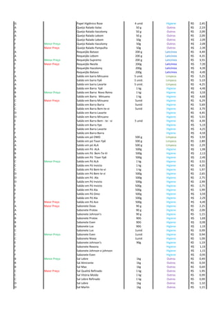 G Papel Higiênico Rose 4 unid Higiene 2,45R$
A Queijo Ralado Italac 50 g Outros 2,19R$
A Queijo Ralado Itacolomy 50 g Outros 2,09R$
A Queijo Ralado Lebom 50 g Outros 2,09R$
F Queijo Ralado Lebom 50g Outros R$ 2,09
F Menor Preço Queijo Ralado Itacolomy 50g Outros R$ 2,09
F Maior Preço Queijo Ralado Pampulha 50g Outros R$ 2,39
A Requeijão Batavo 200 g Laticínios 4,49R$
A Requeijão Lebom 200 g Laticínios 4,35R$
A Menor Preço Requeijão Supremo 200 g Laticínios 3,55R$
F Maior Preço Requeijão Nestle 200g Laticínios R$ 7,39
F Requeijão Itacolomy 200g Laticínios R$ 4,39
F Requeijão Batavo 200g Laticínios R$ 4,49
A Sabão em barra Minuano 5 unid. Limpeza 5,25R$
A Sabão em barra Ypê 5 unid. Limpeza 5,19R$
A Sabão em barra Lavarte 5 unid. Limpeza 4,25R$
B Sabão em Barra Ypê 1 kg Higiene R$ 4,49
B Menor Preço Sabão em Barra Novo Reino 1 kg Higiene R$ 3,59
B Sabão em Barra Minuano 1 kg Higiene R$ 4,69
C Maior Preço Sabão em Barra Minuano 5unid Higiene 6,29R$
C Sabão em Barra Barra 5unid Higiene 5,69R$
C Sabão em Barra Bem-te-vi 5unid Higiene 3,79R$
D Sabão em Barra Lavarte Higiene 4,45R$
D Sabão em Barra Minuano Higiene 5,55R$
E Sabão em Barra Bem - te - vi 5 unid Higiene 4,39R$
F Sabão em Barra Ype Higiene R$ 5,19
F Sabão em Barra Lavarte Higiene R$ 4,25
F Sabão em Barra Barra Higiene R$ 4,59
A Sabão em pó OMO 500 g Limpeza 3,59R$
A Sabão em pó Tixan Ypê 500 g Limpeza 2,89R$
A Sabão em pó ALA 500 g Limpeza 2,29R$
B Sabão em Pó ALA 500g Higiene R$ 1,99
B Sabão em Pó Bem-Te-Vi 500g Higiene R$ 2,13
B Sabão em Pó Tixan Ypê 500g Higiene R$ 2,49
C Menor Preço Sabão em Pó ALA 1 kg Higiene 3,55R$
C Sabão em Pó Invicto 1 kg Higiene 4,35R$
C Sabão em Pó Bem-te-vi 1 kg Higiene 1,97R$
D Sabão em Pó Bem te vi 500g Higiene 2,65R$
D Sabão em Pó Ala 500g Higiene 2,75R$
D Sabão em Pó Invicto 500g Higiene 2,99R$
E Sabão em Pó Invicto 500g Higiene 2,75R$
E Sabão em Pó Ala 500g Higiene 1,99R$
F Sabão em Pó Omo 500g Higiene R$ 3,59
F Sabão em Pó Ala 500g Higiene R$ 2,29
F Maior Preço Sabão em Pó Ace 500g Higiene R$ 4,49
A Maior Preço Sabonete Dove 90 g Higiene 2,25R$
A Sabonete Protex 90 g Higiene 2,09R$
A Sabonete Johnson's 90 g Higiene 1,15R$
B Sabonete Protex 90G Higiene R$ 1,69
B Sabonete Even 90G Higiene R$ 0,99
B Sabonete Lux 90G Higiene R$ 1,19
C Sabonete Lux 1unid Higiene 0,99R$
C Menor Preço Sabonete Even 1unid Higiene 0,94R$
C Sabonete Nivea 1unid Higiene 1,09R$
E Sabonete Johnson's 90g Higiene 1,19R$
F Sabonete Rexona Higiene R$ 1,19
F Sabonete Johnson e johnson Higiene R$ 1,15
F Sabonete Even Higiene R$ 0,95
B Menor Preço Sal Lebre 1kg Outros 0,49R$
B Sal Almirante 1kg Outros 0,59R$
B Sal Max 1kg Outros 0,69R$
C Maior Preço Sal Qualitá Refinado 1 kg Outros 1,95R$
C Sal Vitória Moído 1 kg Outros 0,99R$
C Sal Lebre Refinado 1 kg Outros 0,99R$
D Sal Lebre 1kg Outros 1,10R$
D Sal Marlin 1kg Outros 1,15R$
 