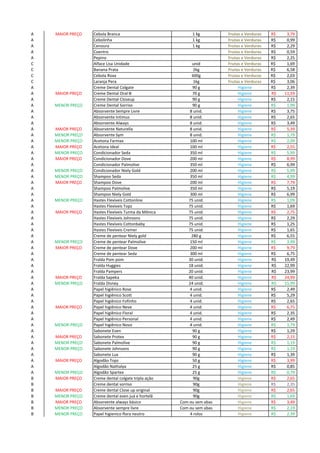 A MAIOR PREÇO Cebola Branca 1 kg Frutas e Verduras 3,79R$
A Cebolinha 1 kg Frutas e Verduras 0,99R$
A Cenoura 1 kg Frutas e Verduras 2,29R$
A Coentro Frutas e Verduras 0,59R$
A Pepino Frutas e Verduras 2,25R$
C Alface Lisa Unidade unid Frutas e Verduras 1,69R$
C Banana Prata 2kg Frutas e Verduras 6,58R$
C Cebola Roxa 600g Frutas e Verduras 2,03R$
C Laranja Pera 1kg Frutas e Verduras 3,06R$
A Creme Dental Colgate 90 g Higiene 2,39R$
A MAIOR PREÇO Creme Dental Oral-B 70 g Higiene 11,59R$
A Creme Dental Closeup 90 g Higiene 2,15R$
A MENOR PREÇO Creme Dental Sorriso 90 g Higiene 1,99R$
A Absorvente Sempre Livre 8 unid. Higiene 3,75R$
A Absorvente Intimus 8 unid. Higiene 2,65R$
A Absorvente Always 8 unid. Higiene 3,49R$
A MAIOR PREÇO Absorvente Naturella 8 unid. Higiene 5,39R$
A MENOR PREÇO Absorvente Sym 8 unid. Higiene 1,79R$
A MENOR PREÇO Acetona Farmax 100 ml Higiene 2,09R$
A MAIOR PREÇO Acetona Ideal 100 ml Higiene 2,55R$
A MENOR PREÇO Condicionador Seda 350 ml Higiene 5,99R$
A MAIOR PREÇO Condicionador Dove 200 ml Higiene 8,99R$
A Condicionador Palmolive 350 ml Higiene 6,99R$
A MENOR PREÇO Condicionador Niely Gold 200 ml Higiene 5,99R$
A MENOR PREÇO Shampoo Seda 350 ml Higiene 4,99R$
A MAIOR PREÇO Shampoo Dove 200 ml Higiene 7,79R$
A Shampoo Palmolive 350 ml Higiene 5,19R$
A Shampoo Niely Gold 300 ml Higiene 6,99R$
A MENOR PREÇO Hastes Flexíveis Cottonline 75 unid. Higiene 1,09R$
A Hastes Flexíveis Topz 75 unid. Higiene 1,69R$
A MAIOR PREÇO Hastes Flexíveis Turma da Mônica 75 unid. Higiene 2,75R$
A Hastes Flexíveis Johnsons 75 unid. Higiene 2,29R$
A Hastes Flexíveis Cottonbaby 75 unid. Higiene 1,25R$
A Hastes Flexíveis Cremer 75 unid. Higiene 1,65R$
A Creme de pentear Niely gold 280 g Higiene 6,55R$
A MENOR PREÇO Creme de pentear Palmolive 150 ml Higiene 3,99R$
A MAIOR PREÇO Creme de pentear Dove 200 ml Higiene 9,79R$
A Creme de pentear Seda 300 ml Higiene 6,75R$
A Fralda Pom pom 30 unid. Higiene 19,49R$
A Fralda Huggies 18 unid. Higiene 22,99R$
A Fralda Pampers 20 unid. Higiene 23,99R$
A MAIOR PREÇO Fralda Sapeka 40 unid. Higiene 24,99R$
A MENOR PREÇO Fralda Disney 24 unid. Higiene 15,99R$
A Papel higiênico Rose 4 unid. Higiene 2,49R$
A Papel higiênico Scott 4 unid. Higiene 5,29R$
A Papel higiênico Fofinho 4 unid. Higiene 2,65R$
A MAIOR PREÇO Papel higiênico Neve 4 unid. Higiene 6,75R$
A Papel higiênico Floral 4 unid. Higiene 2,35R$
A Papel higiênico Personal 4 unid. Higiene 2,49R$
A MENOR PREÇO Papel higiênico Novo 4 unid. Higiene 1,79R$
A Sabonete Even 90 g Higiene 1,29R$
A MAIOR PREÇO Sabonete Protex 90 g Higiene 2,15R$
A MENOR PREÇO Sabonete Palmolive 90 g Higiene 1,19R$
A MENOR PREÇO Sabonete Johnsons 90 g Higiene 1,19R$
A Sabonete Lux 90 g Higiene 1,39R$
A MAIOR PREÇO Algodão Topz 50 g Higiene 3,99R$
A Algodão Nathalya 25 g Higiene 0,85R$
A MENOR PREÇO Algodão Spartex 25 g Higiene 0,79R$
B MAIOR PREÇO Creme dental colgate tripla ação 90g Higiene 2,65R$
B Creme dental sorriso 90g Higiene 2,35R$
B MAIOR PREÇO Creme dental Close up original 90g Higiene 2,65R$
B MENOR PREÇO Creme dental even juá e hortelã 90g Higiene 1,69R$
B MAIOR PREÇO Absorvente always básico Com ou sem abas Higiene 3,49R$
B MENOR PREÇO Absorvente sempre livre Com ou sem abas Higiene 2,19R$
B MENOR PREÇO Papel higienico flora neutro 4 rolos Higiene 2,39R$
 