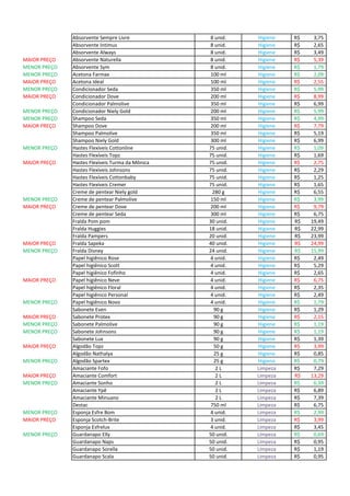 Absorvente Sempre Livre 8 unid. Higiene 3,75R$
Absorvente Intimus 8 unid. Higiene 2,65R$
Absorvente Always 8 unid. Higiene 3,49R$
MAIOR PREÇO Absorvente Naturella 8 unid. Higiene 5,39R$
MENOR PREÇO Absorvente Sym 8 unid. Higiene 1,79R$
MENOR PREÇO Acetona Farmax 100 ml Higiene 2,09R$
MAIOR PREÇO Acetona Ideal 100 ml Higiene 2,55R$
MENOR PREÇO Condicionador Seda 350 ml Higiene 5,99R$
MAIOR PREÇO Condicionador Dove 200 ml Higiene 8,99R$
Condicionador Palmolive 350 ml Higiene 6,99R$
MENOR PREÇO Condicionador Niely Gold 200 ml Higiene 5,99R$
MENOR PREÇO Shampoo Seda 350 ml Higiene 4,99R$
MAIOR PREÇO Shampoo Dove 200 ml Higiene 7,79R$
Shampoo Palmolive 350 ml Higiene 5,19R$
Shampoo Niely Gold 300 ml Higiene 6,99R$
MENOR PREÇO Hastes Flexíveis Cottonline 75 unid. Higiene 1,09R$
Hastes Flexíveis Topz 75 unid. Higiene 1,69R$
MAIOR PREÇO Hastes Flexíveis Turma da Mônica 75 unid. Higiene 2,75R$
Hastes Flexíveis Johnsons 75 unid. Higiene 2,29R$
Hastes Flexíveis Cottonbaby 75 unid. Higiene 1,25R$
Hastes Flexíveis Cremer 75 unid. Higiene 1,65R$
Creme de pentear Niely gold 280 g Higiene 6,55R$
MENOR PREÇO Creme de pentear Palmolive 150 ml Higiene 3,99R$
MAIOR PREÇO Creme de pentear Dove 200 ml Higiene 9,79R$
Creme de pentear Seda 300 ml Higiene 6,75R$
Fralda Pom pom 30 unid. Higiene 19,49R$
Fralda Huggies 18 unid. Higiene 22,99R$
Fralda Pampers 20 unid. Higiene 23,99R$
MAIOR PREÇO Fralda Sapeka 40 unid. Higiene 24,99R$
MENOR PREÇO Fralda Disney 24 unid. Higiene 15,99R$
Papel higiênico Rose 4 unid. Higiene 2,49R$
Papel higiênico Scott 4 unid. Higiene 5,29R$
Papel higiênico Fofinho 4 unid. Higiene 2,65R$
MAIOR PREÇO Papel higiênico Neve 4 unid. Higiene 6,75R$
Papel higiênico Floral 4 unid. Higiene 2,35R$
Papel higiênico Personal 4 unid. Higiene 2,49R$
MENOR PREÇO Papel higiênico Novo 4 unid. Higiene 1,79R$
Sabonete Even 90 g Higiene 1,29R$
MAIOR PREÇO Sabonete Protex 90 g Higiene 2,15R$
MENOR PREÇO Sabonete Palmolive 90 g Higiene 1,19R$
MENOR PREÇO Sabonete Johnsons 90 g Higiene 1,19R$
Sabonete Lux 90 g Higiene 1,39R$
MAIOR PREÇO Algodão Topz 50 g Higiene 3,99R$
Algodão Nathalya 25 g Higiene 0,85R$
MENOR PREÇO Algodão Spartex 25 g Higiene 0,79R$
Amaciante Fofo 2 L Limpeza 7,29R$
MAIOR PREÇO Amaciante Comfort 2 L Limpeza 13,29R$
MENOR PREÇO Amaciante Sonho 2 L Limpeza 6,39R$
Amaciante Ypê 2 L Limpeza 6,89R$
Amaciante Minuano 2 L Limpeza 7,39R$
Destac 750 ml Limpeza 6,75R$
MENOR PREÇO Esponja Esfre Bom 4 unid. Limpeza 2,99R$
MAIOR PREÇO Esponja Scotch-Brite 3 unid. Limpeza 3,99R$
Esponja Esfrelux 4 unid. Limpeza 3,45R$
MENOR PREÇO Guardanapo Elly 50 unid. Limpeza 0,69R$
Guardanapo Naps 50 unid. Limpeza 0,95R$
Guardanapo Sorella 50 unid. Limpeza 1,19R$
Guardanapo Scala 50 unid. Limpeza 0,95R$
 