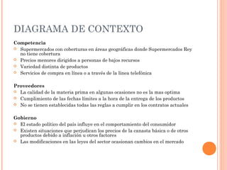 DIAGRAMA DE CONTEXTO
Competencia
 Supermercados con coberturas en áreas geográficas donde Supermercados Rey
  no tiene cobertura
 Precios menores dirigidos a personas de bajos recursos
 Variedad distinta de productos
 Servicios de compra en línea o a través de la línea telefónica



Proveedores
 La calidad de la materia prima en algunas ocasiones no es la mas optima
 Cumplimiento de las fechas límites a la hora de la entrega de los productos
 No se tienen establecidas todas las reglas a cumplir en los contratos actuales



Gobierno
 El estado político del país influye en el comportamiento del consumidor
 Existen situaciones que perjudican los precios de la canasta básica o de otros
  productos debido a inflación u otros factores
 Las modificaciones en las leyes del sector ocasionan cambios en el mercado
 