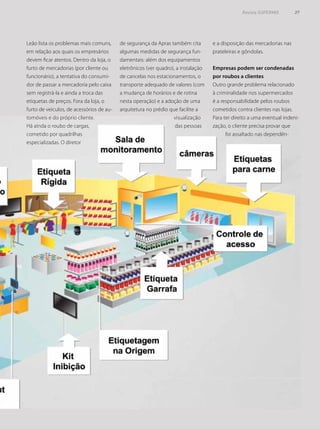 Leão lista os problemas mais comuns,
em relação aos quais os empresários
devem ficar atentos. Dentro da loja, o
furto de mercadorias (por cliente ou
funcionário), a tentativa do consumi-
dor de passar a mercadoria pelo caixa
sem registrá-la e ainda a troca das
etiquetas de preços. Fora da loja, o
furto de veículos, de acessórios de au-
tomóveis e do próprio cliente.
Há ainda o roubo de cargas,
cometido por quadrilhas
especializadas. O diretor
de segurança da Apras também cita
algumas medidas de segurança fun-
damentais: além dos equipamentos
eletrônicos (ver quadro), a instalação
de cancelas nos estacionamentos, o
transporte adequado de valores (com
a mudança de horários e de rotina
nesta operação) e a adoção de uma
arquitetura no prédio que facilite a
visualização
das pessoas
e a disposição das mercadorias nas
prateleiras e gôndolas.
Empresas podem ser condenadas
por roubos a clientes
Outro grande problema relacionado
à criminalidade nos supermercados
é a responsabilidade pelos roubos
cometidos contra clientes nas lojas.
Para ter direito a uma eventual indeni-
zação, o cliente precisa provar que
foi assaltado nas dependên-
Revista SUPERMIX 37
 