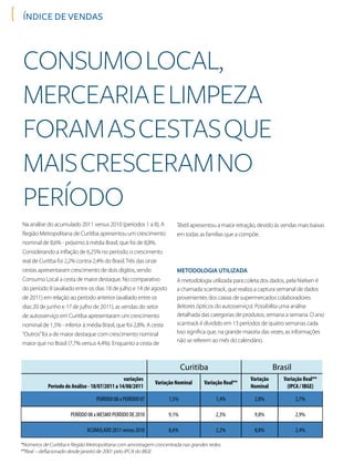índice de vendas
ConsumoLocal,
MerceariaeLimpeza
foramascestasque
maiscresceramno
período
Curitiba Brasil
variações
Período de Análise - 18/07/2011 a 14/08/2011
Variação Nominal Variação Real**
Variação
Nominal
Variação Real**
(IPCA / IBGE)
PERÍODO 08 x PERÍODO 07 1,5% 1,4% 2,8% 2,7%
PERÍODO 08 x MESMO PERÍODO DE 2010 9,1% 2,3% 9,8% 2,9%
ACUMULADO 2011 versus 2010 8,6% 2,2% 8,8% 2,4%
Na análise do acumulado 2011 versus 2010 (períodos 1 a 8), A
Região Metropolitana de Curitiba apresentou um crescimento
nominal de 8,6% - próximo à média Brasil, que foi de 8,8%.
Considerando a inflação de 6,25% no período, o crescimento
real de Curitba foi 2,2% contra 2,4% do Brasil.Três das onze
cestas apresentaram crescimento de dois dígitos, sendo
Consumo Local a cesta de maior destaque. No comparativo
do período 8 (avaliado entre os dias 18 de julho e 14 de agosto
de 2011) em relação ao período anterior (avaliado entre os
dias 20 de junho e 17 de julho de 2011), as vendas do setor
de autosserviço em Curitiba apresentaram um crescimento
nominal de 1,5% - inferior à média Brasil, que foi 2,8%. A cesta
“Outros”foi a de maior destaque com crescimento nominal
maior que no Brasil (7,7% versus 4,4%). Enquanto a cesta de
*Números de Curitiba e Região Metropolitana com amostragem concentrada nas grandes redes.
**Real – deflacionado desde janeiro de 2001 pelo IPCA do IBGE
Metodologia utilizada
Têxtil apresentou a maior retração, devido às vendas mais baixas
em todas as famílias que a compõe.
A metodologia utilizada para coleta dos dados, pela Nielsen é
a chamada scantrack, que realiza a captura semanal de dados
provenientes dos caixas de supermercados colaboradores
(leitores ópticos do autosserviço). Possibilita uma análise
detalhada das categorias de produtos, semana a semana. O ano
scantrack é dividido em 13 períodos de quatro semanas cada.
Isso significa que, na grande maioria das vezes, as informações
não se referem ao mês do calendário.
 