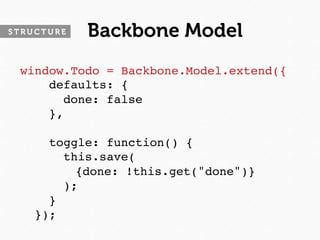 STRUCTURE   Backbone Model
 window.Todo = Backbone.Model.extend({
      defaults: {
         done: false
      },
 
      toggle: function() {
         this.save(
   
 
 
 {done: !this.get("done")}
         );
      }
    });
 