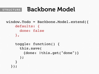 STRUCTURE   Backbone Model
 window.Todo = Backbone.Model.extend({
      defaults: {
         done: false
      },
 
      toggle: function() {
         this.save(
   
 
 
 {done: !this.get("done")}
         );
      }
    });
 