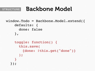 STRUCTURE   Backbone Model
 window.Todo = Backbone.Model.extend({
      defaults: {
         done: false
      },
 
      toggle: function() {
         this.save(
   
 
 
 {done: !this.get("done")}
         );
      }
    });
 