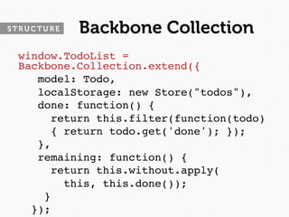 STRUCTURE   Backbone Collection
 window.TodoList =
 Backbone.Collection.extend({
    model: Todo,
    localStorage: new Store("todos"),
    done: function() {
      return this.filter(function(todo) 
      { return todo.get('done'); });
    },
    remaining: function() {
      return this.without.apply(
        this, this.done());
     }
   });
 
