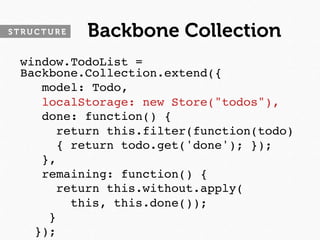 STRUCTURE   Backbone Collection
 window.TodoList =
 Backbone.Collection.extend({
    model: Todo,
    localStorage: new Store("todos"),
    done: function() {
      return this.filter(function(todo) 
      { return todo.get('done'); });
    },
    remaining: function() {
      return this.without.apply(
        this, this.done());
     }
   });
 
