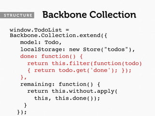 STRUCTURE   Backbone Collection
 window.TodoList =
 Backbone.Collection.extend({
    model: Todo,
    localStorage: new Store("todos"),
    done: function() {
      return this.filter(function(todo) 
      { return todo.get('done'); });
    },
    remaining: function() {
      return this.without.apply(
        this, this.done());
     }
   });
 