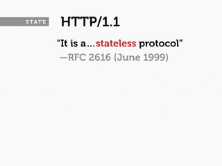 S TAT E   HTTP/1.1
          “It is a…stateless protocol”
           —RFC 2616 (June 1999)
 