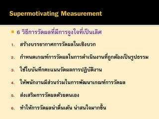 

6 วิธีการวัดผลที่มีการจูงใจที่เป็ นเลิศ

1.

สร้างบรรยากาศการวัดผลในเชิงบวก

2.

กาหนดเกณฑ์การวัดผลในการดาเนินงานที่ถูกต้องเป็ นรูปธรรม

3.

ใช้ใบบันทึกคะแนนวัดผลการปฏิบตงาน
ั ิ

4.

ให้พนักงานมีส่วนร่วมในการพัฒนาเกณฑ์การวัดผล

5.

ส่งเสริมการวัดผลด้วยตนเอง

6.

ทาให้การวัดผลน่าตืนเต้น น่าสนใจมากขึ้น
่

 