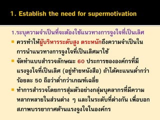 1.ระบุความจาเป็ นที่จะต้องใช้แนวทางการจูงใจที่เป็ นเลิศ
 ควรทาให้ผบริหารระดับสูง ตระหนักถึงความจาเป็ นใน
ู้
การนาแนวทางการจูงใจที่เป็ นเลิศมาใช้
 จัดทาแบบสารวจลักษณะ 60 ประการขององค์กรที่มี
แรงจูงใจที่เป็ นเลิศ (อยูทายหนังสือ) ถ้าได้คะแนนต ่ากว่า
่ ้
ร้อยละ 50 ถือว่าต ่ากว่าเกณฑ์เฉลี่ย
 ทาการสารวจโดยการสุมตัวอย่างกลุมบุคลากรที่มีความ
่
่
หลากหลายในส่วนต่าง ๆ และในระดับที่ตางกัน เพื่อบอก
่
สภาพบรรยากาศด้านแรงจูงใจในองค์กร

 