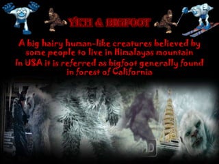 A big hairy human-like creatures believed by
some people to live in Himalayas mountain
In USA it is referred as bigfoot generally found
in forest of California
 