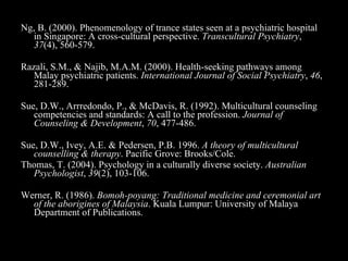 Ng, B. (2000). Phenomenology of trance states seen at a psychiatric hospital in Singapore: A cross-cultural perspective.  Transcultural Psychiatry ,  37 (4), 560-579.  Razali, S.M., & Najib, M.A.M. (2000). Health-seeking pathways among Malay psychiatric patients.  International Journal of Social Psychiatry ,  46 , 281-289. Sue, D.W., Arrredondo, P., & McDavis, R. (1992). Multicultural counseling competencies and standards: A call to the profession.  Journal of Counseling & Development ,  70 , 477-486. Sue, D.W., Ivey, A.E. & Pedersen, P.B. 1996.  A theory of multicultural counselling & therapy . Pacific Grove: Brooks/Cole. Thomas, T. (2004). Psychology in a culturally diverse society.  Australian Psychologist ,  39 (2), 103-106. Werner, R. (1986).  Bomoh-poyang: Traditional medicine and ceremonial art of the aborigines of Malaysia . Kuala Lumpur: University of Malaya Department of Publications.  